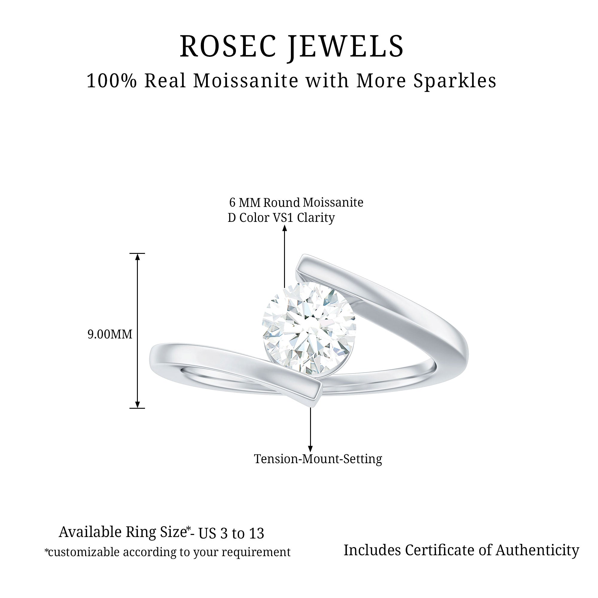 Round Shape Moissanite Solitaire Bypass Gold Ring Moissanite - ( D-VS1 ) - Color and Clarity - Rosec Jewels