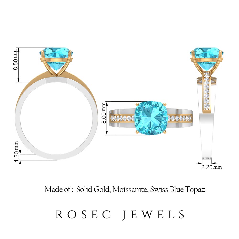 2.5 CT Cushion Cut Swiss Blue Topaz Solitaire with Diamond Two Tone Ring Swiss Blue Topaz - ( AAA ) - Quality - Rosec Jewels