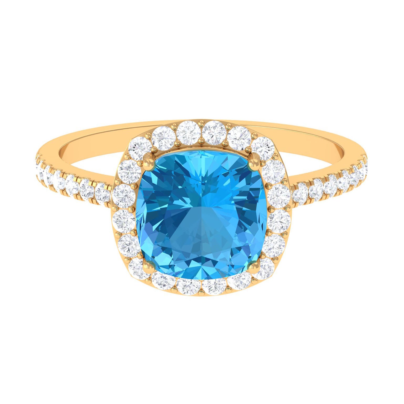 8 MM Cushion Cut Swiss Blue Topaz Solitaire and Diamond Halo Ring Swiss Blue Topaz - ( AAA ) - Quality - Rosec Jewels