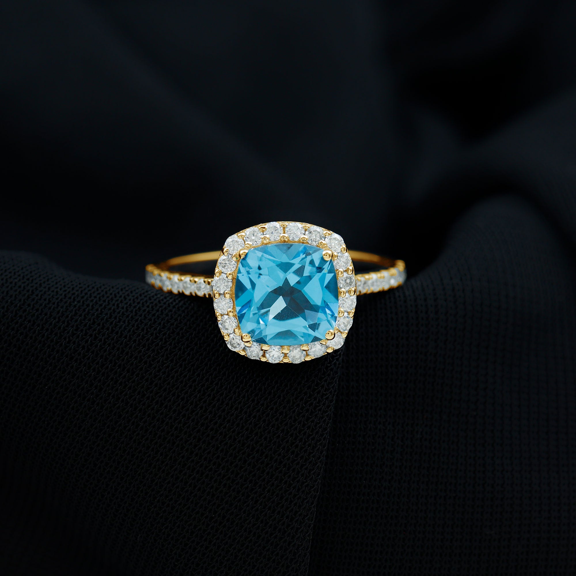 8 MM Cushion Cut Swiss Blue Topaz Solitaire and Diamond Halo Ring Swiss Blue Topaz - ( AAA ) - Quality - Rosec Jewels