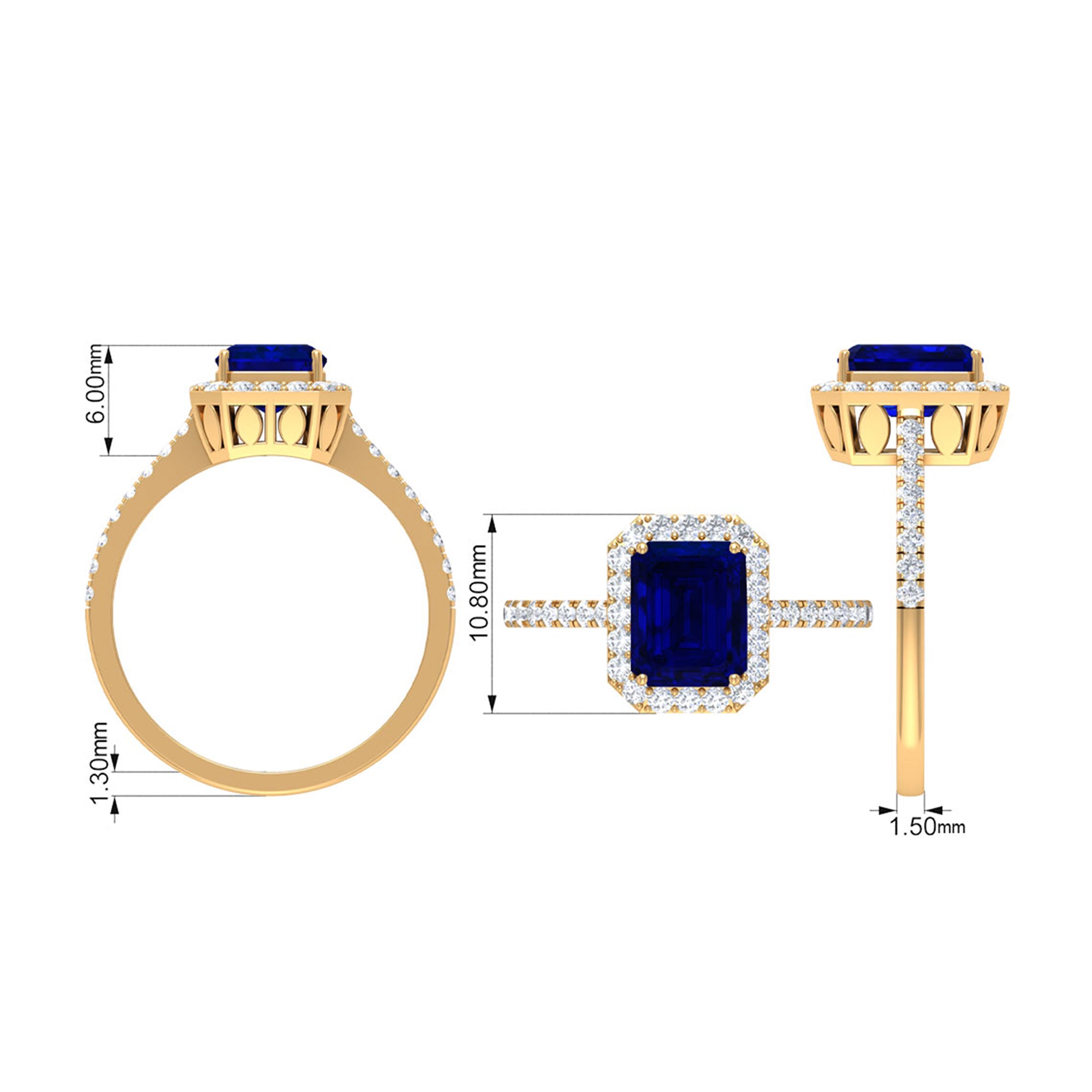 Emerald Cut Created Blue Sapphire Halo Engagement Ring with Diamond Lab Created Blue Sapphire - ( AAAA ) - Quality - Rosec Jewels