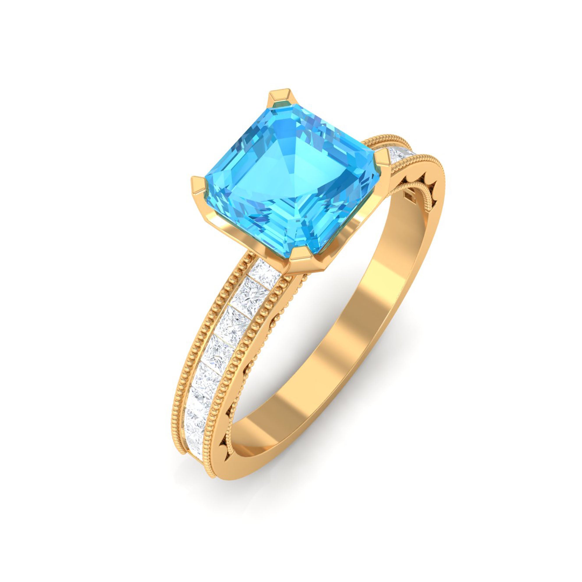 2 CT Swiss Blue Topaz Solitaire Ring with Princess Cut Moissanite Side Stones Swiss Blue Topaz - ( AAA ) - Quality - Rosec Jewels