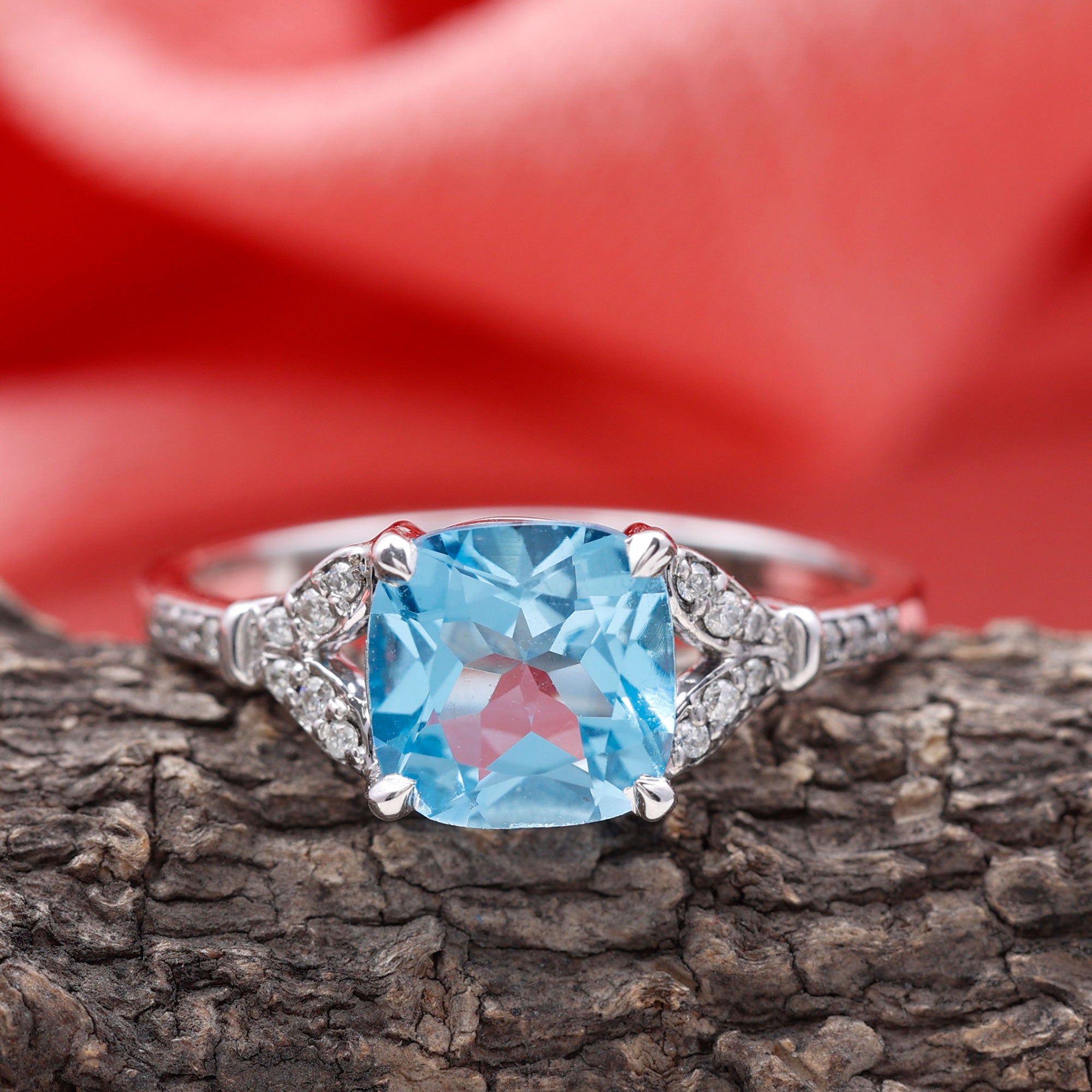 2.75 CT Cushion Cut Swiss Blue Topaz Solitaire with Diamond Side Stone Ring Swiss Blue Topaz - ( AAA ) - Quality - Rosec Jewels