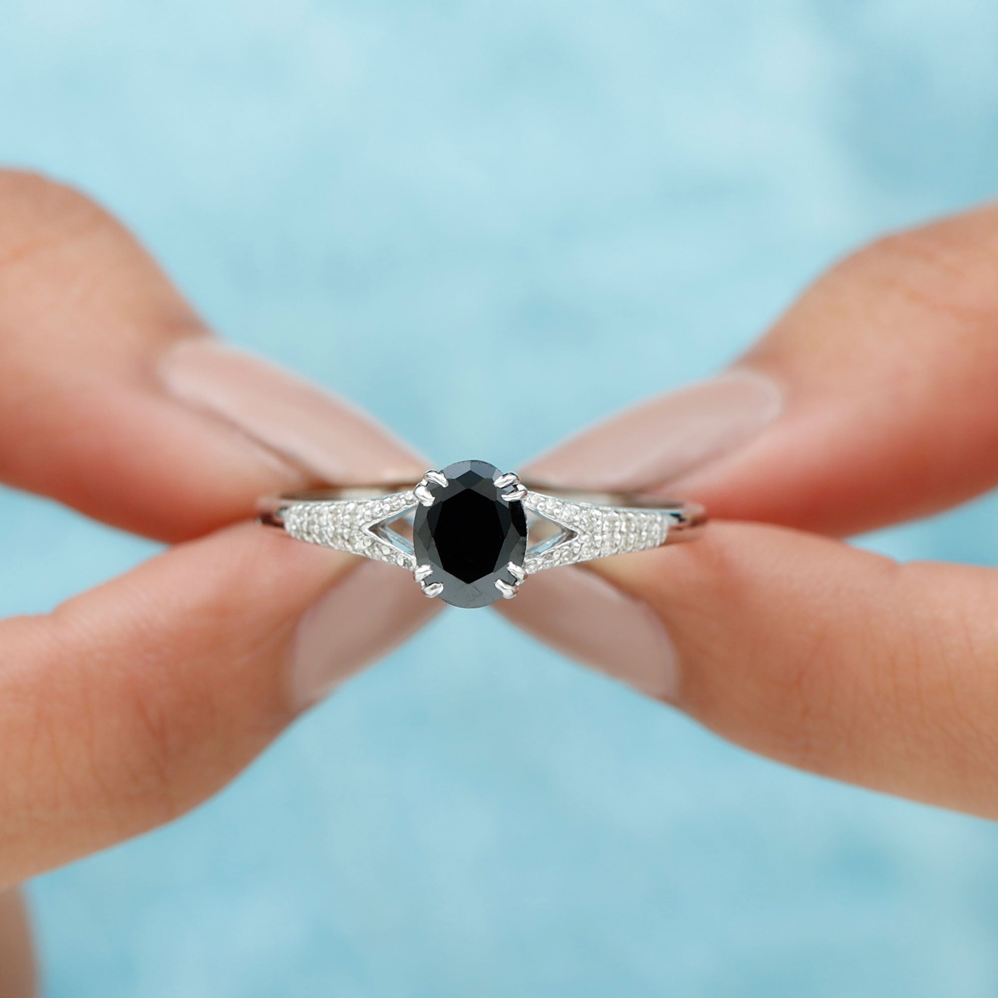 Lab Created Black Diamond Solitaire Engagement Ring with Diamond Lab Created Black Diamond - ( AAAA ) - Quality - Rosec Jewels