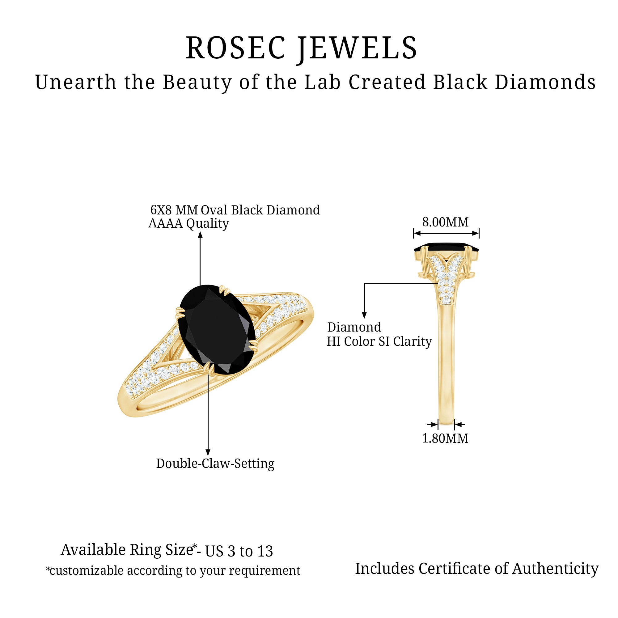 Lab Created Black Diamond Solitaire Engagement Ring with Diamond Lab Created Black Diamond - ( AAAA ) - Quality - Rosec Jewels