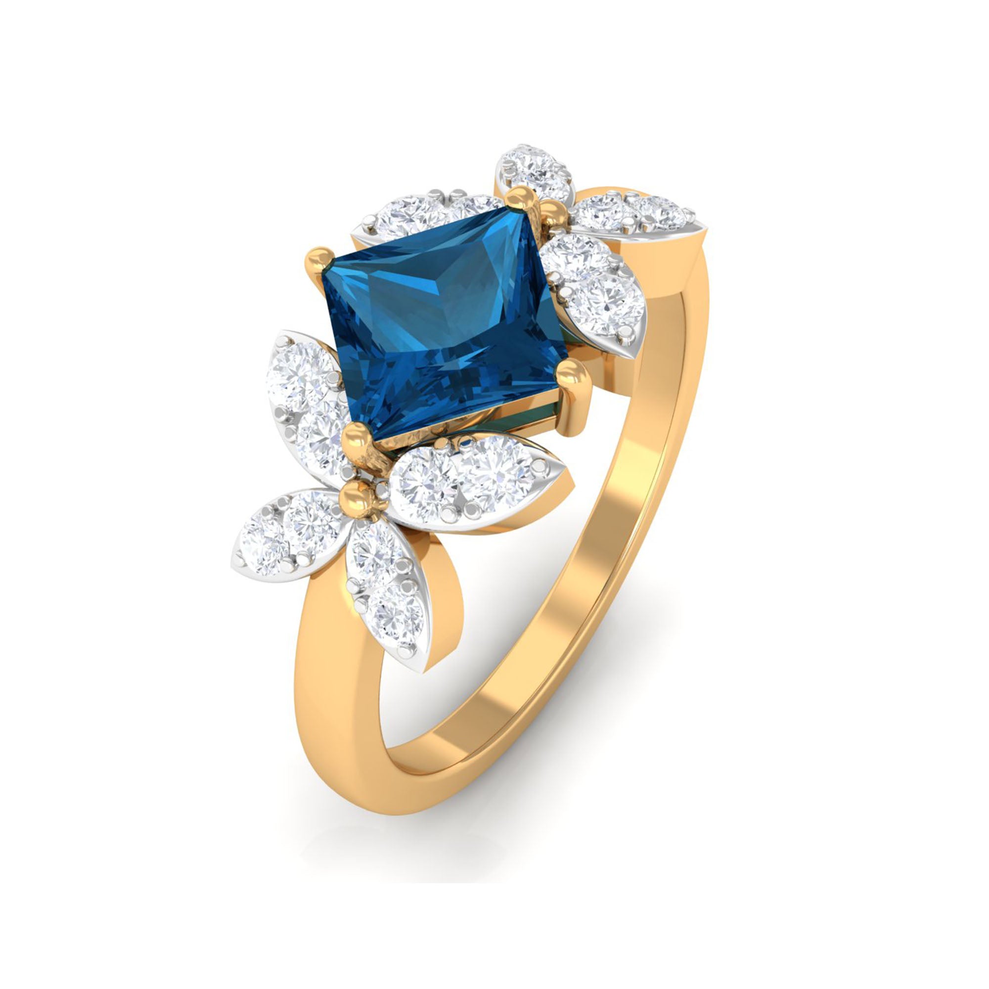 1.50 CT Princess Cut London Blue Topaz and Diamond Floral Engagement Ring London Blue Topaz - ( AAA ) - Quality - Rosec Jewels