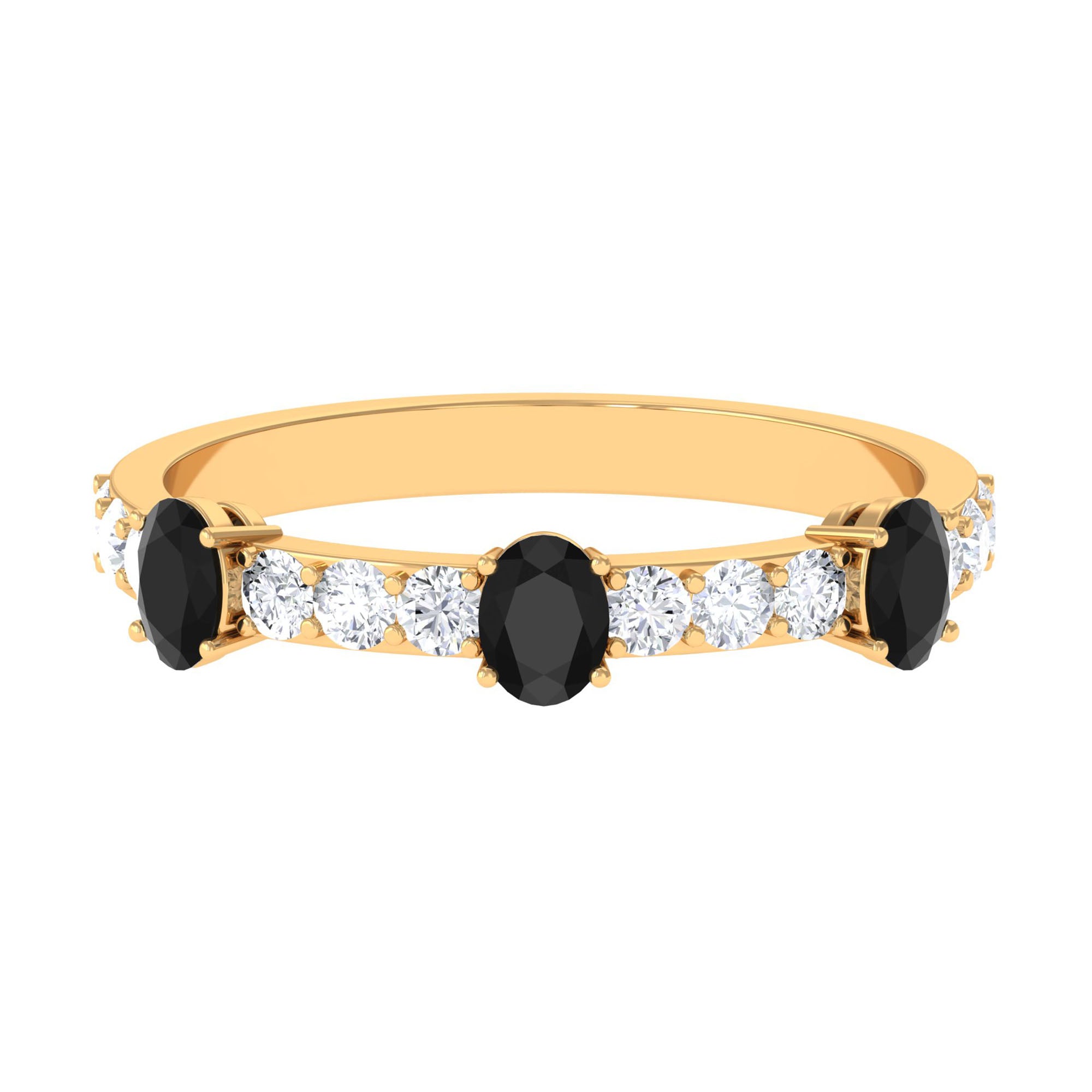 Black Onyx Oval Half Eternity Band with Diamond Black Onyx - ( AAA ) - Quality - Rosec Jewels