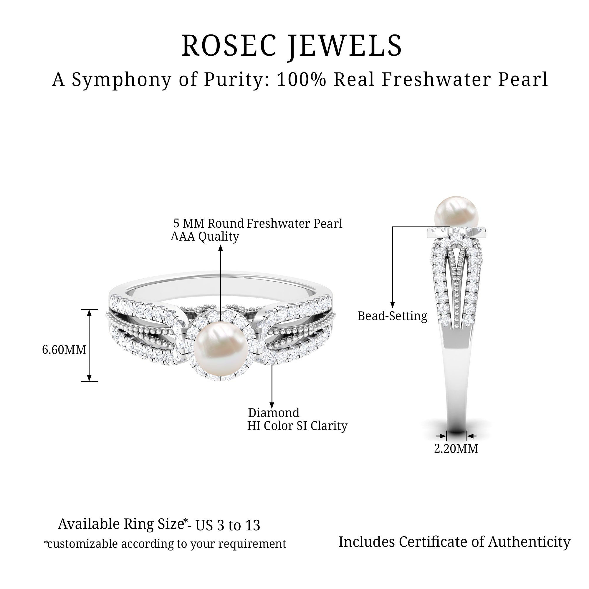 2.50 CT Freshwater Pearl and Diamond Engagement Ring with Beaded Gold Freshwater Pearl - ( AAA ) - Quality - Rosec Jewels