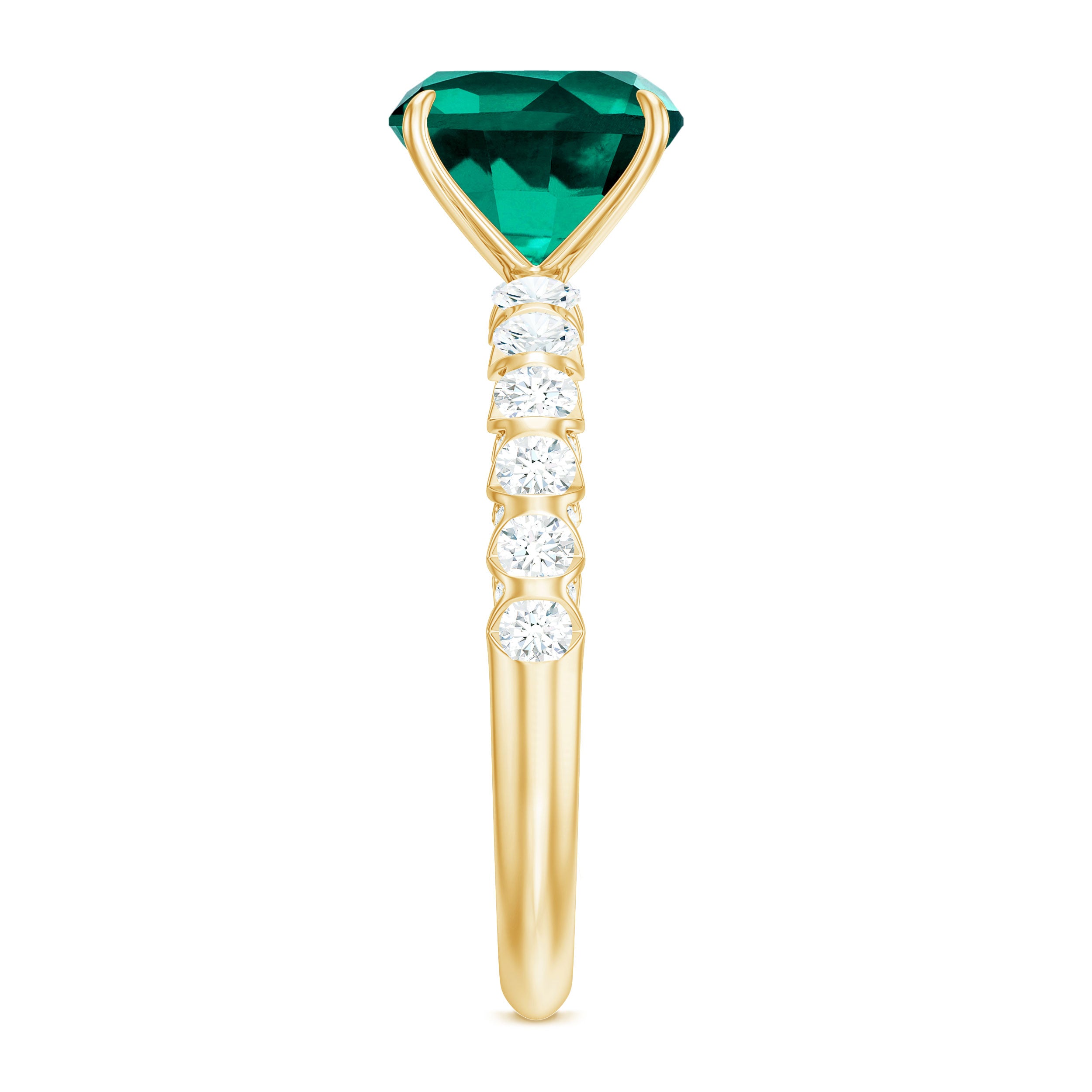 Cushion Cut Created Emerald Engagement Ring with Diamond Side Stones Lab Created Emerald - ( AAAA ) - Quality - Rosec Jewels