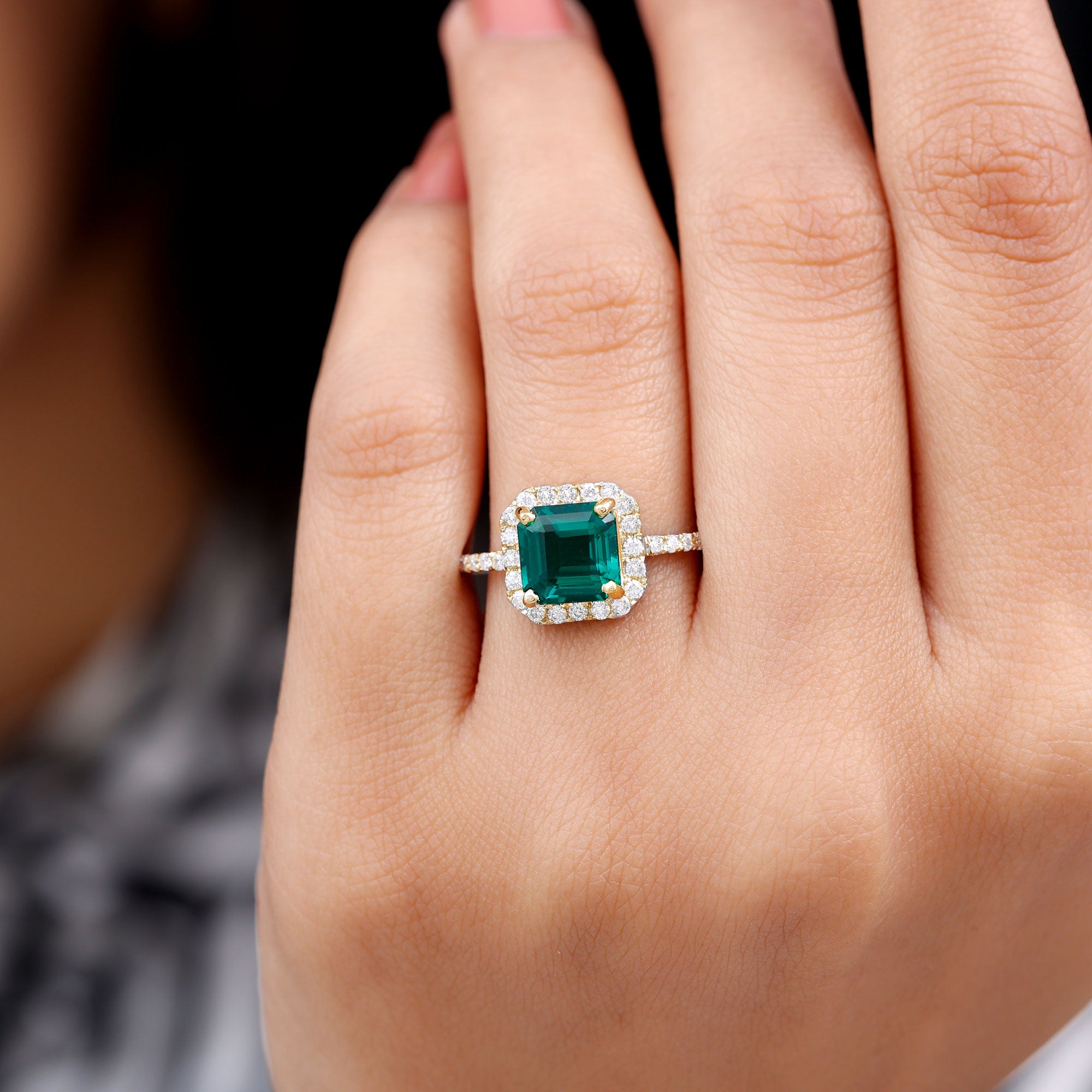 Asscher Cut Created Emerald Halo Engagement Ring with Diamond Lab Created Emerald - ( AAAA ) - Quality - Rosec Jewels