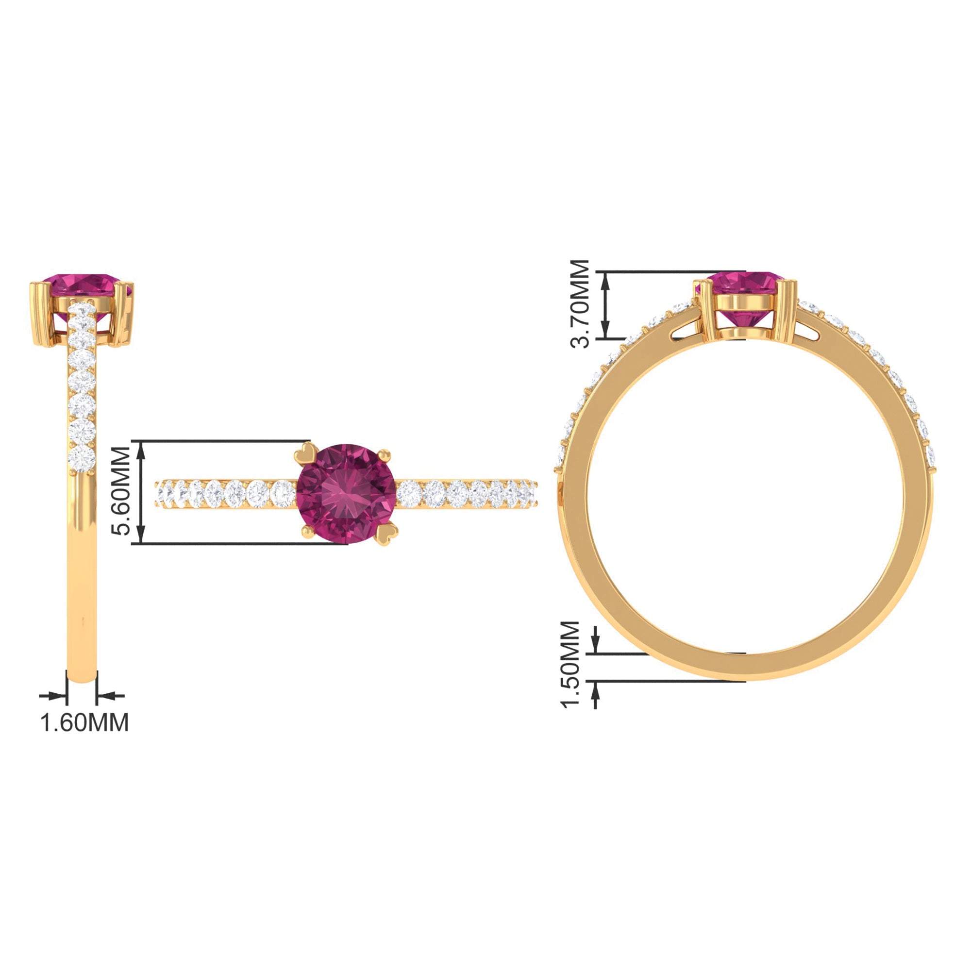 1 CT Real Pink Tourmaline Solitaire Promise Ring with Diamond Side Stones Pink Tourmaline - ( AAA ) - Quality - Rosec Jewels