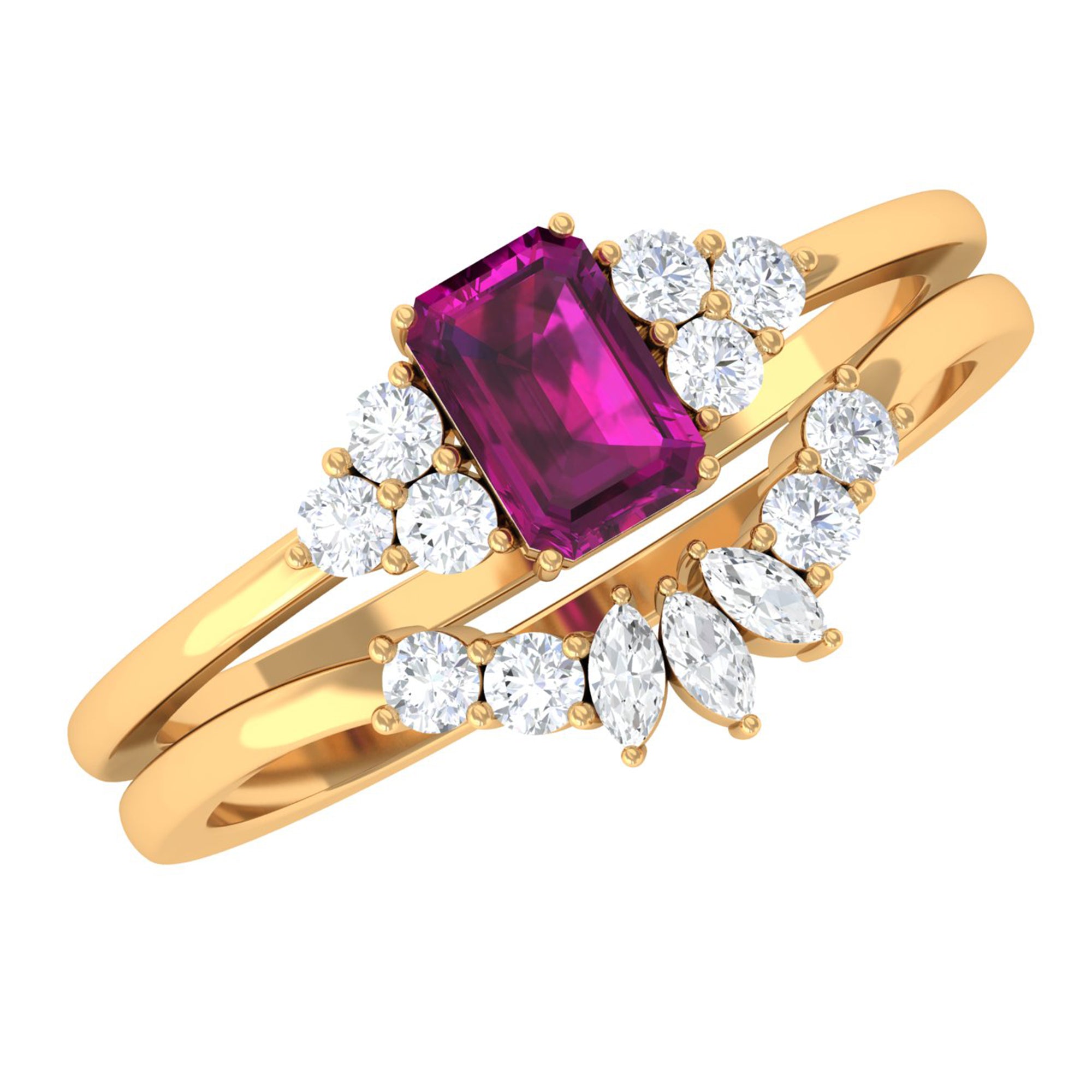 1.50 CT Solitaire Rhodolite and Diamond Wedding Ring Set Rhodolite - ( AAA ) - Quality - Rosec Jewels