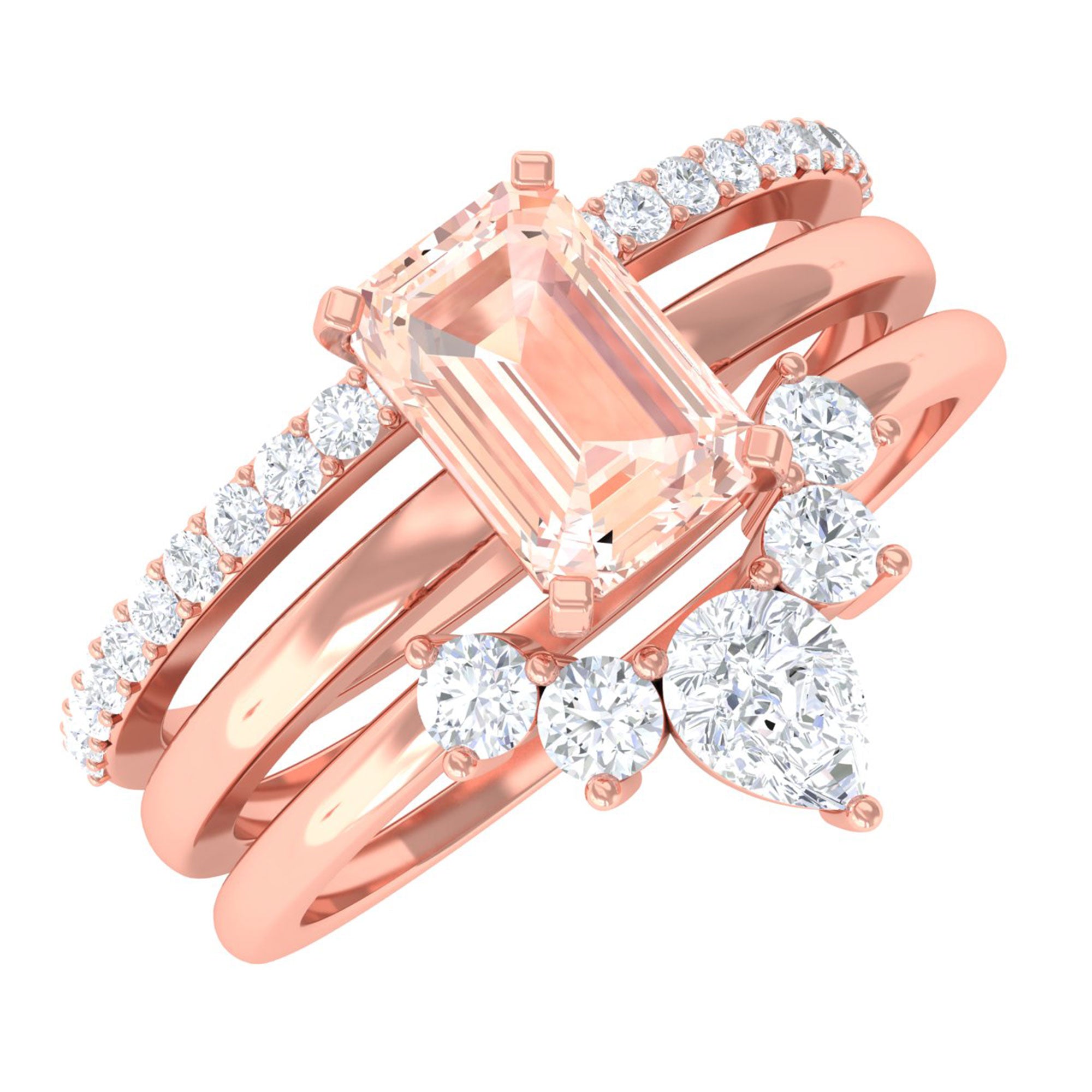 Emerald Cut Morganite Solitaire Ring Set of 3 with Diamond Morganite - ( AAA ) - Quality - Rosec Jewels