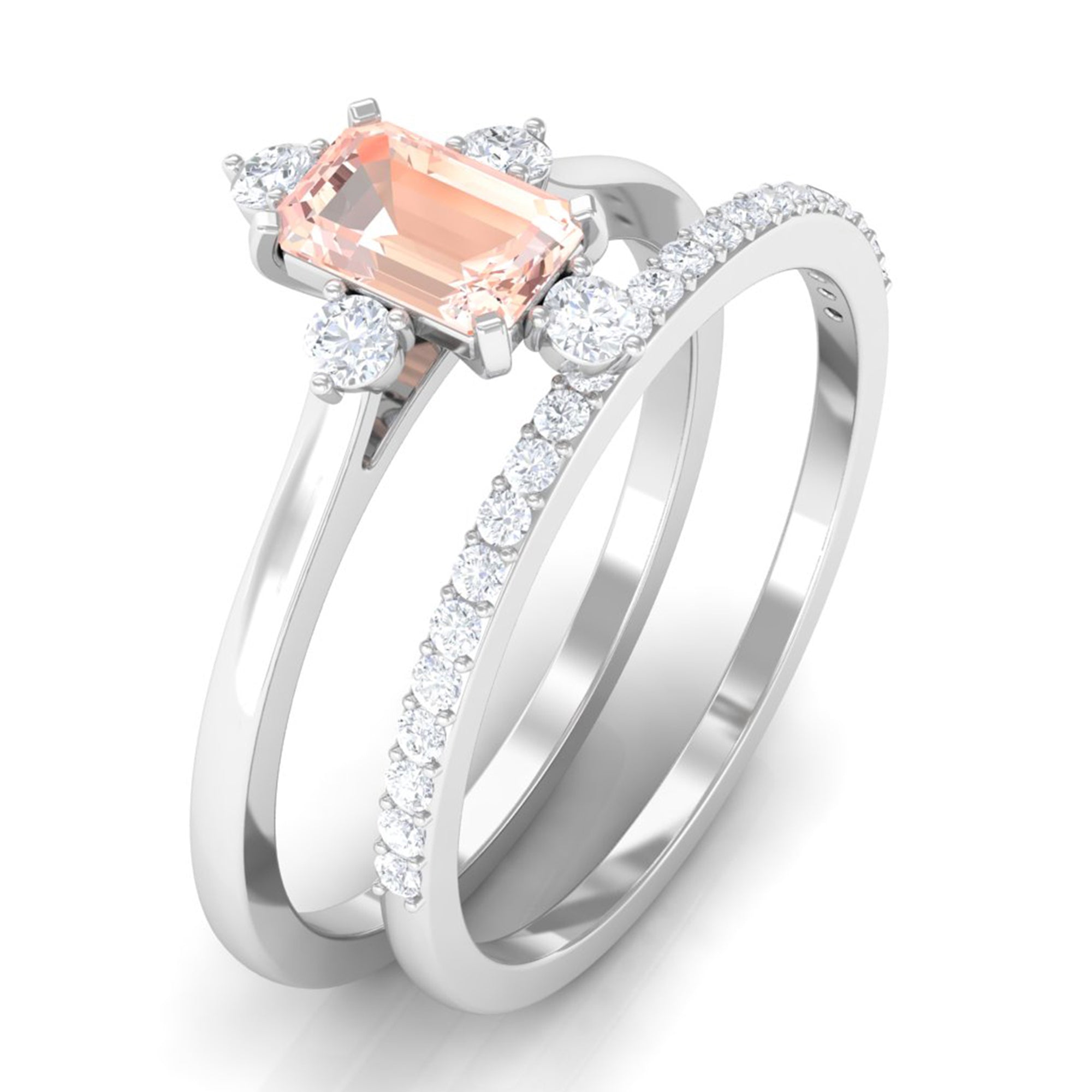 1.25 Carat Emerald Cut Morganite Solitaire Ring Set with Diamond Morganite - ( AAA ) - Quality - Rosec Jewels