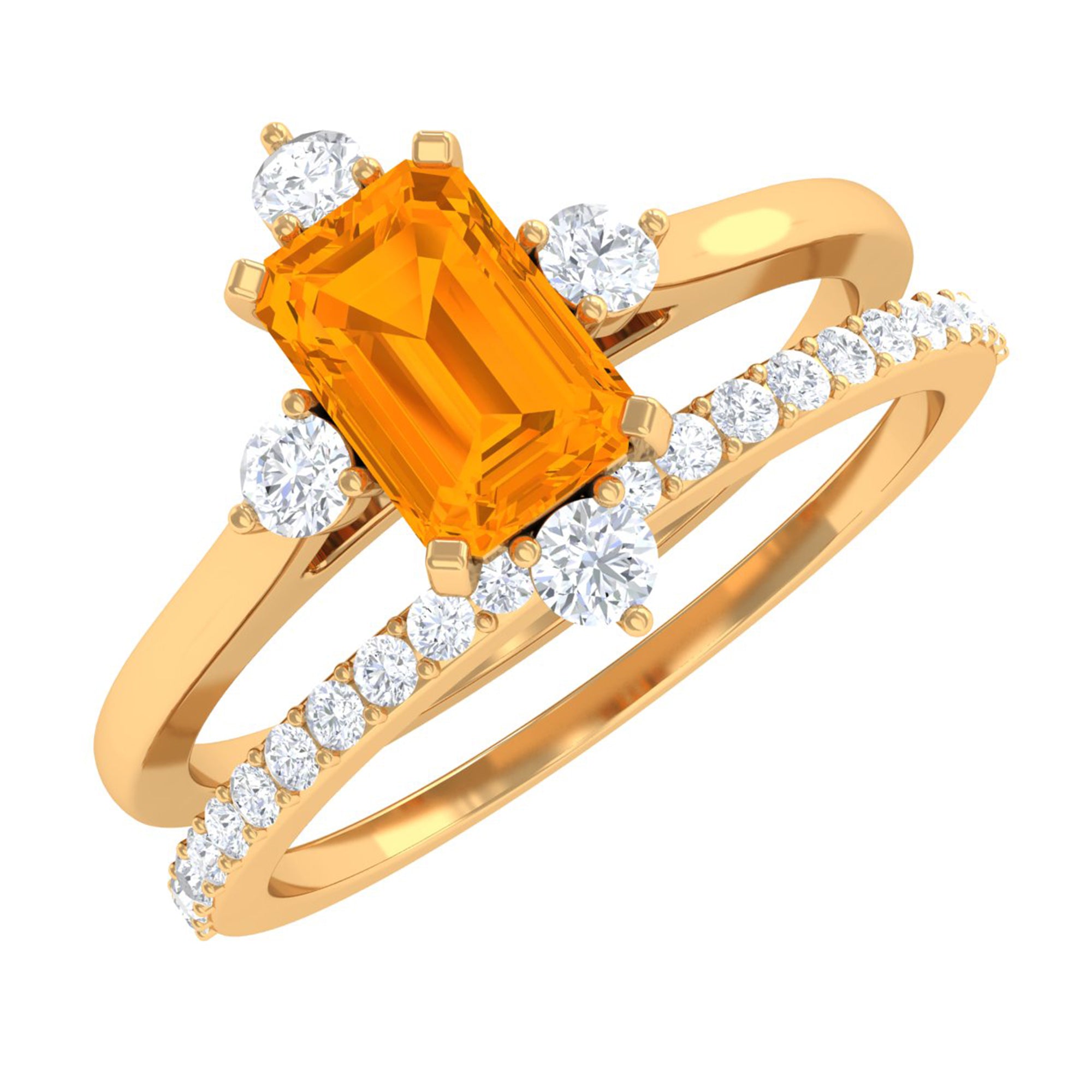 1.25 Carat Emerald Cut Fire Opal Solitaire Ring Set with Diamond Fire Opal - ( AAA ) - Quality - Rosec Jewels