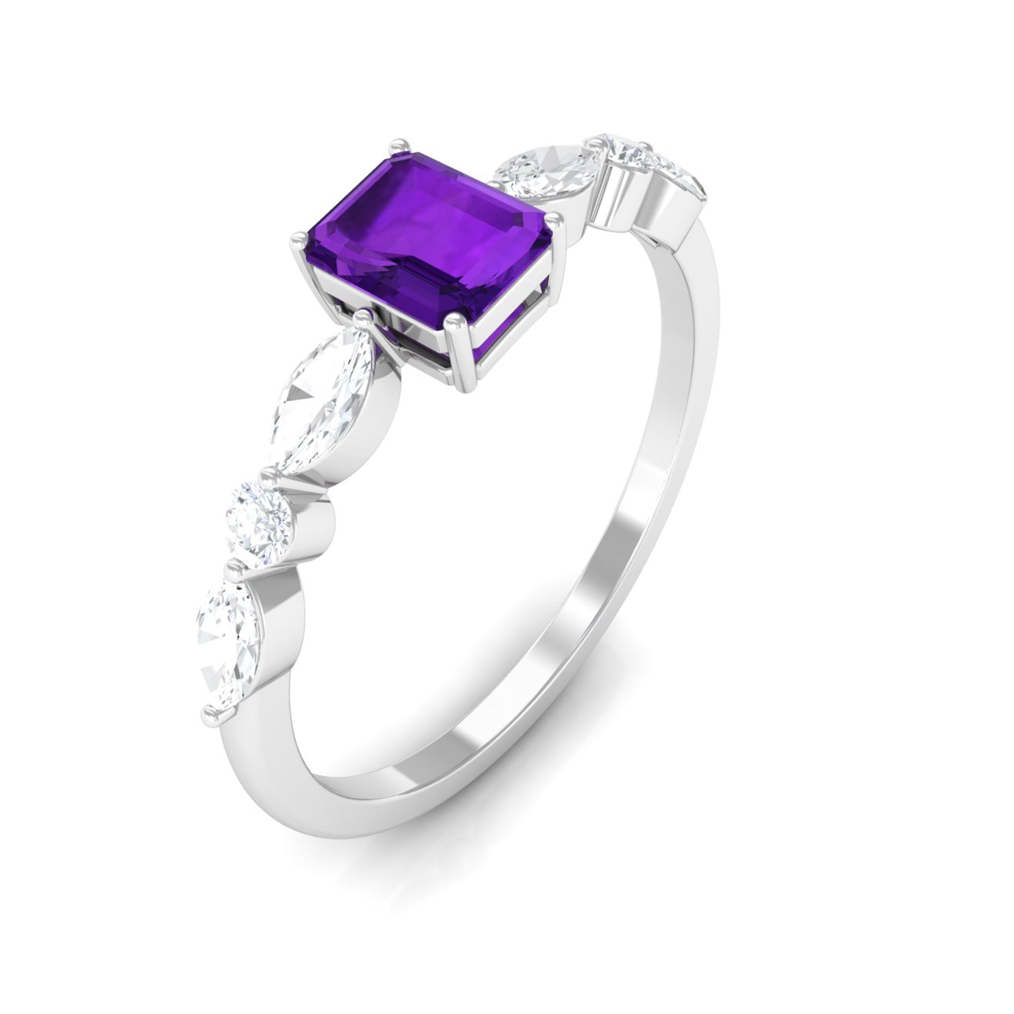 Octagon Amethyst Solitaire Ring with Diamond Side Stones Amethyst - ( AAA ) - Quality - Rosec Jewels