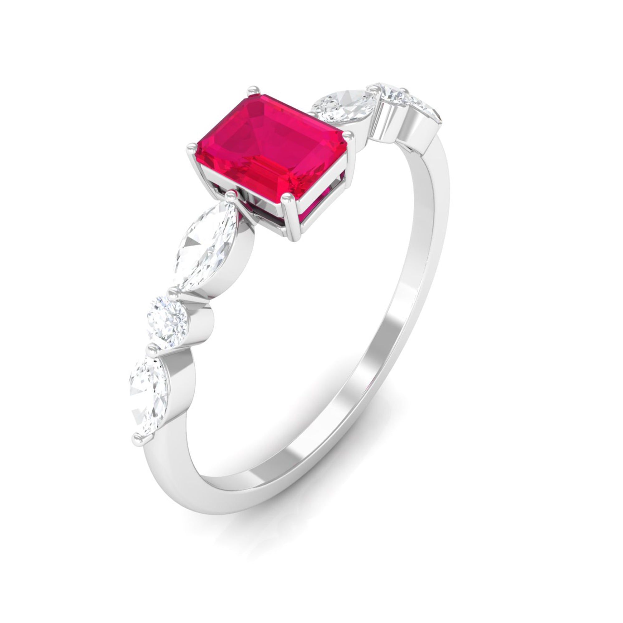 1 CT Octagon Ruby Solitaire Ring with Diamond Side Stones Ruby - ( AAA ) - Quality - Rosec Jewels