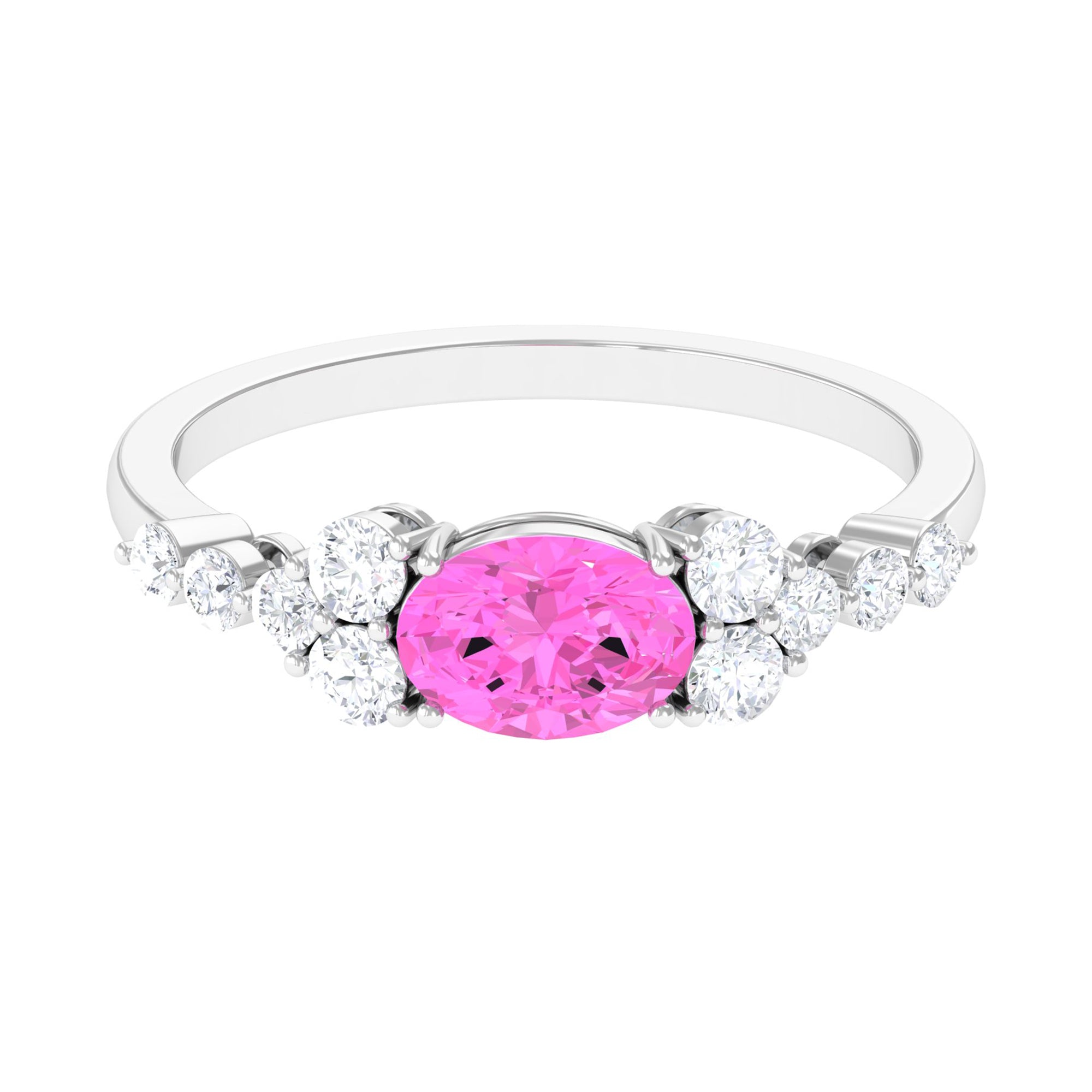 Solitaire Oval Pink Sapphire East West Ring with Diamond Pink Sapphire - ( AAA ) - Quality - Rosec Jewels