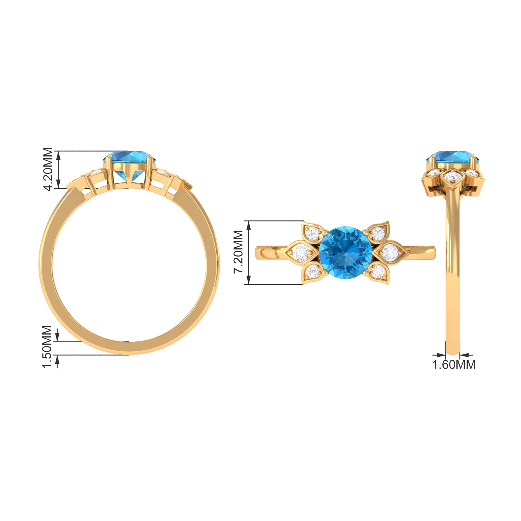 Swiss Blue Topaz Solitaire Flower Ring with Diamond Swiss Blue Topaz - ( AAA ) - Quality - Rosec Jewels