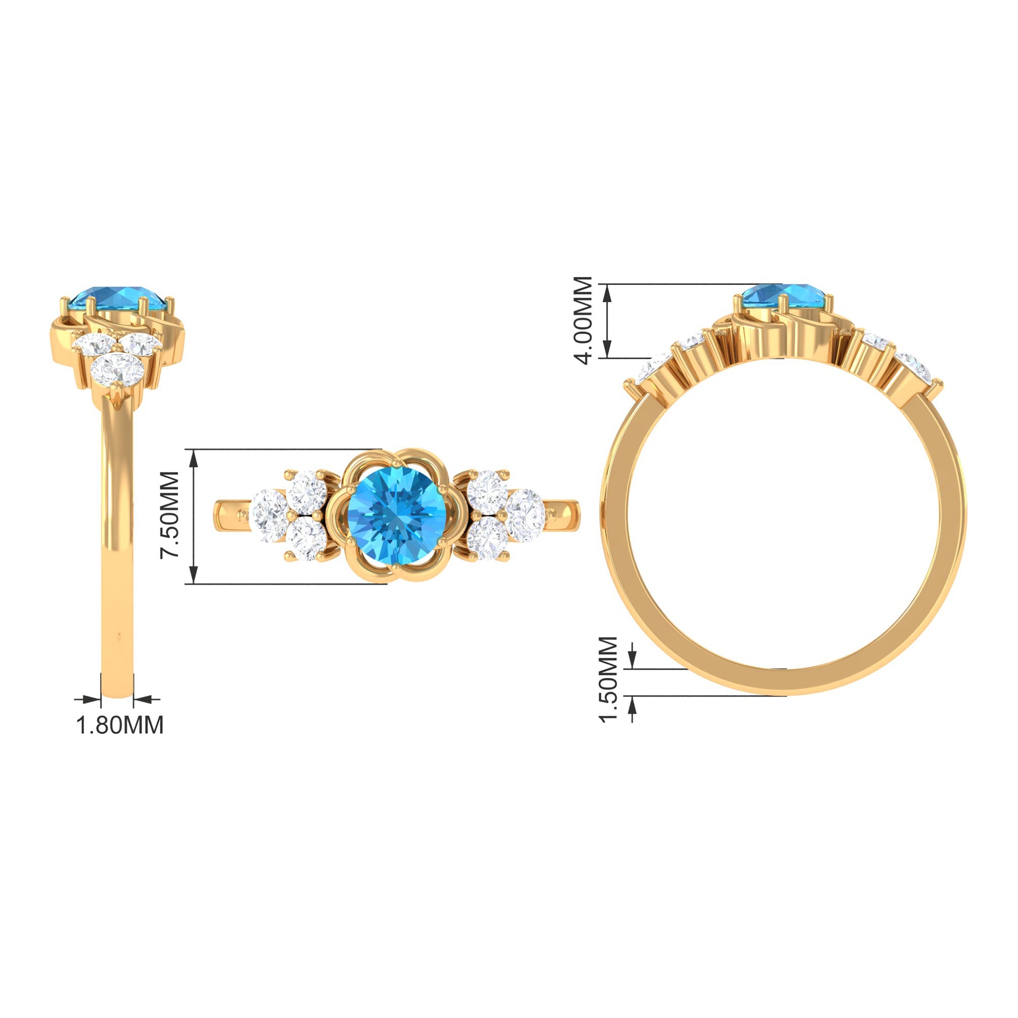 Round Shape Swiss Blue Topaz Floral Engagement Ring with Diamond Trio Swiss Blue Topaz - ( AAA ) - Quality - Rosec Jewels