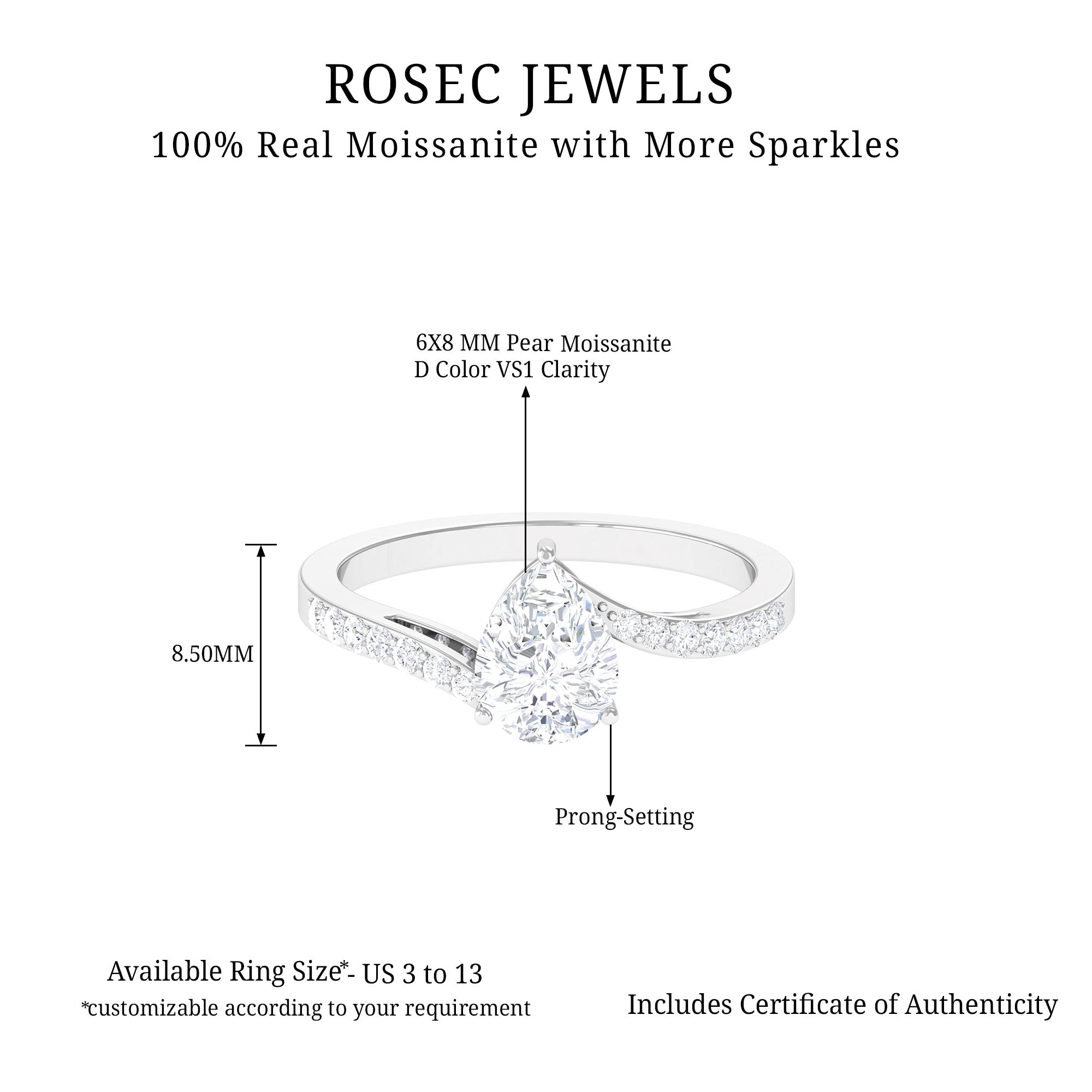 Pear Shape Moissanite Solitaire Bypass Engagement Ring Moissanite - ( D-VS1 ) - Color and Clarity - Rosec Jewels