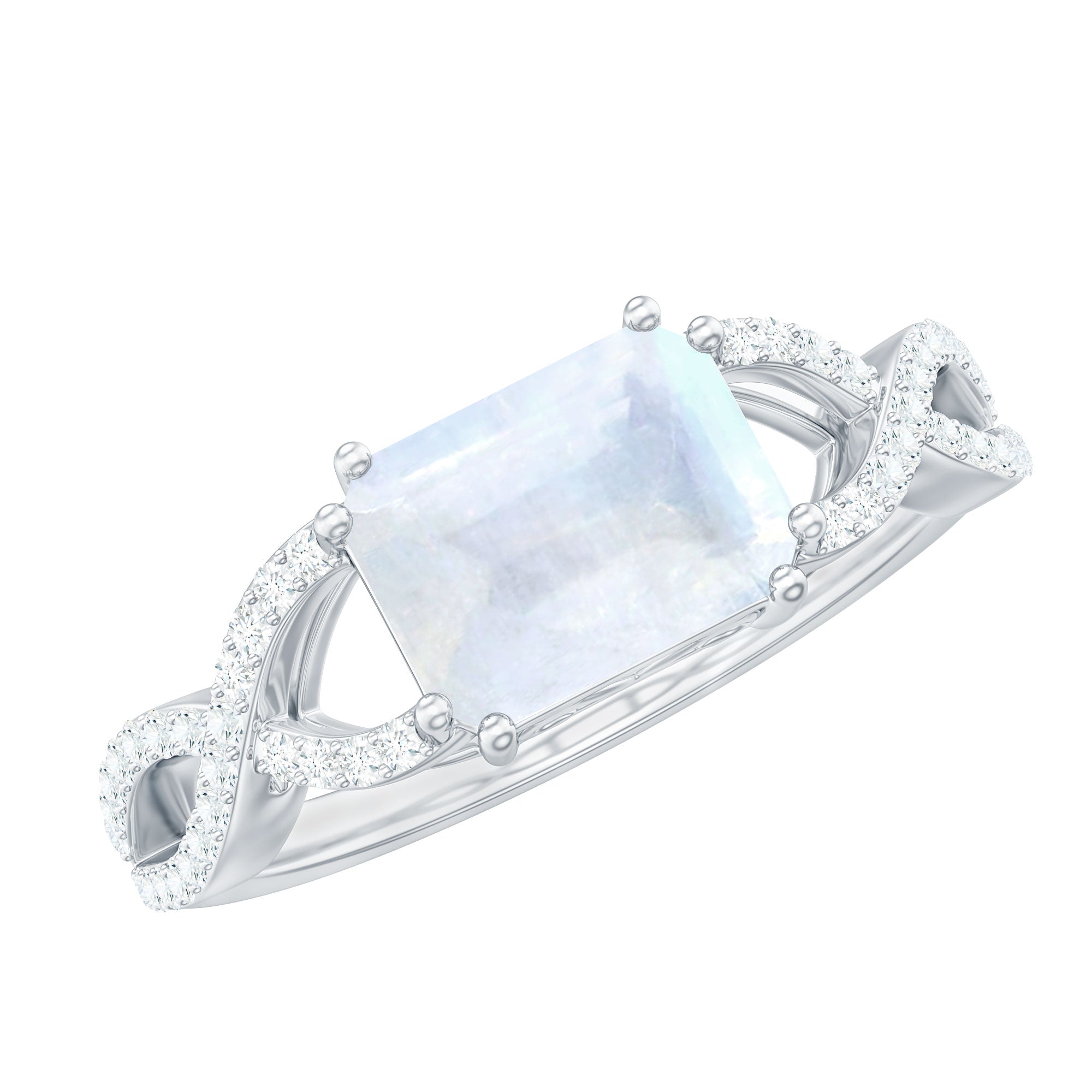 2 CT Emerald Cut Moonstone East West Crossover Ring with Diamond Moonstone - ( AAA ) - Quality - Rosec Jewels