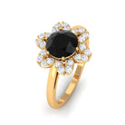 Round Black Onyx Flower Engagement Ring with Diamond Black Onyx - ( AAA ) - Quality - Rosec Jewels