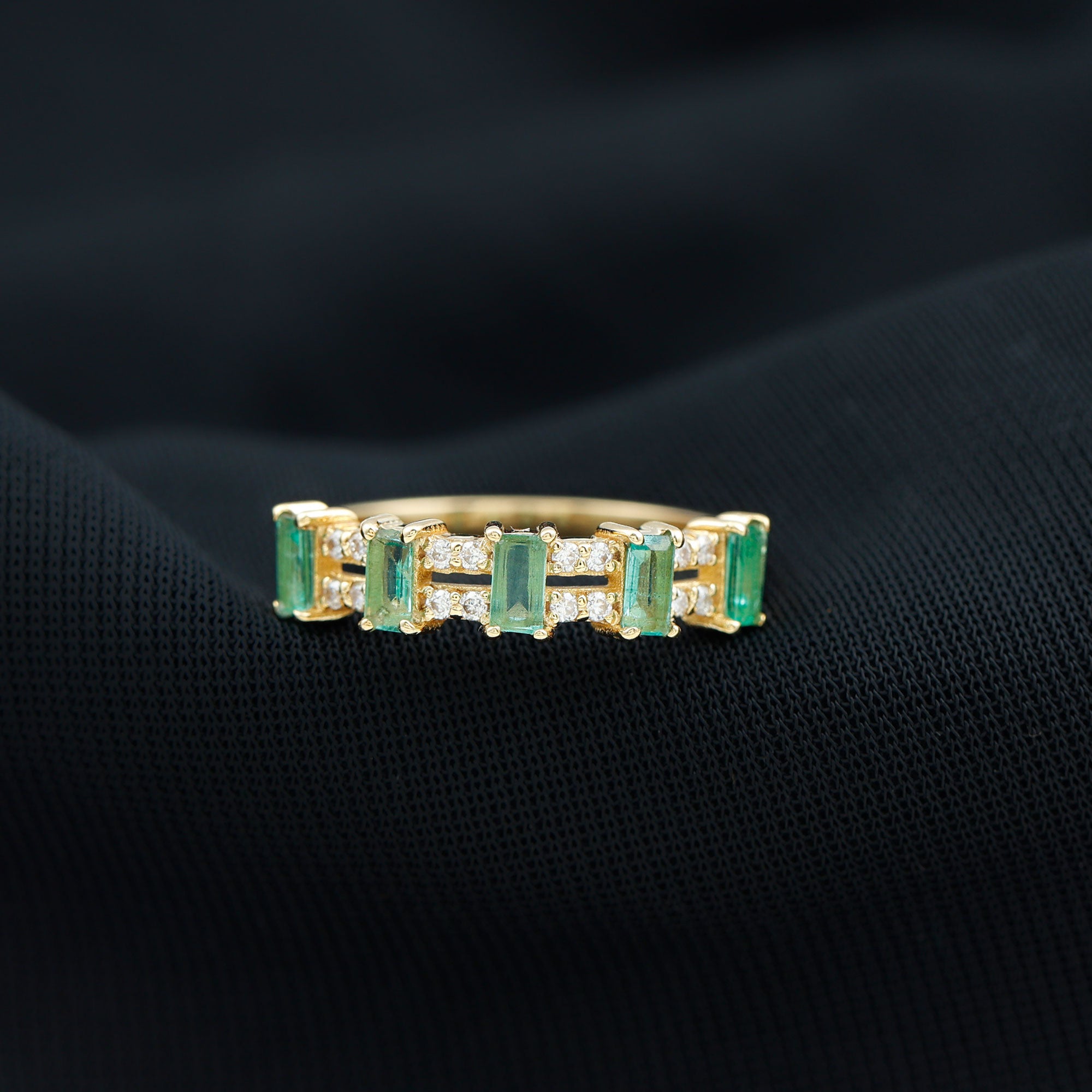 Wide Half Eternity Band Ring with Emerald and Diamond Emerald - ( AAA ) - Quality - Rosec Jewels