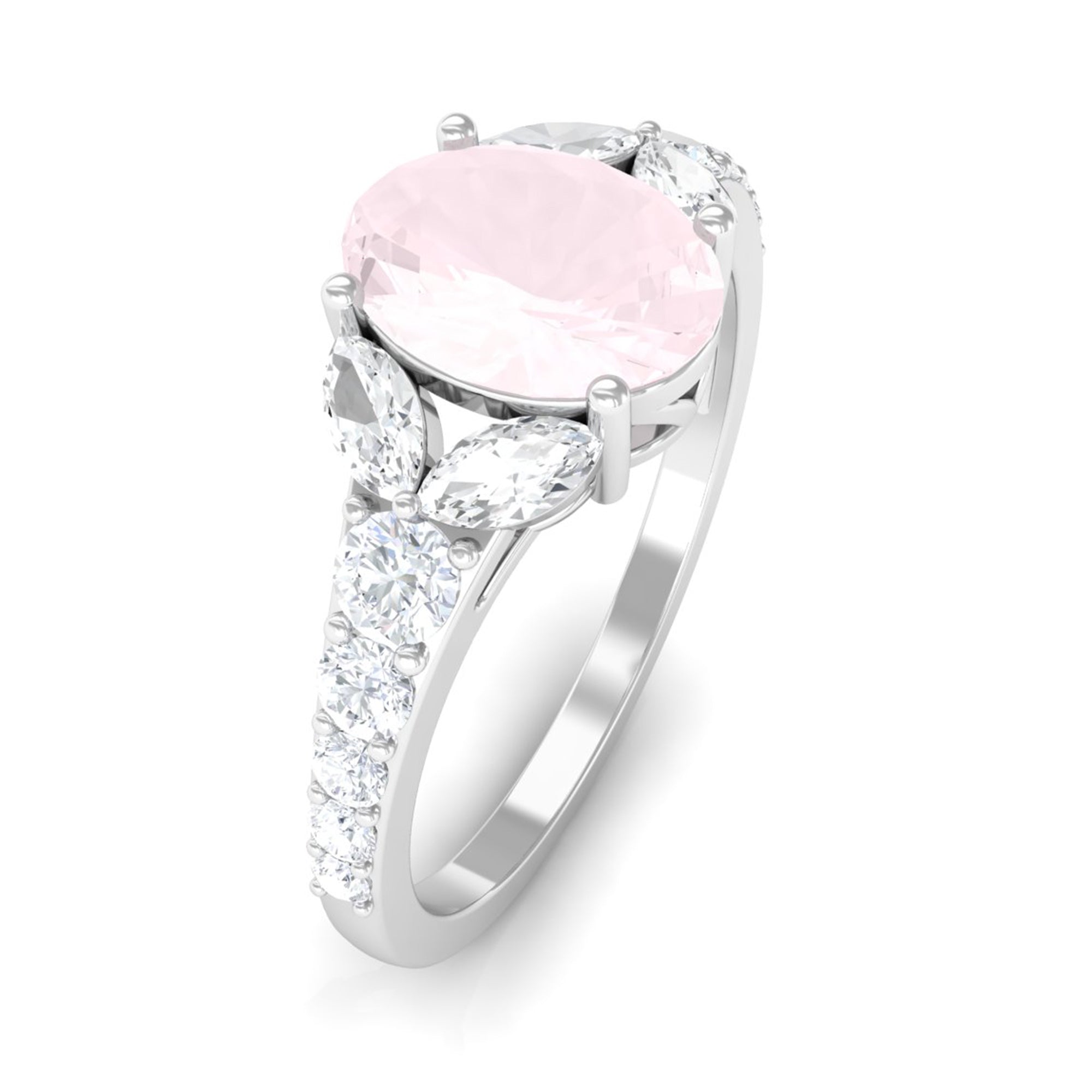 Split Shank Oval Rose Quartz Solitaire Engagement Ring with Moissanite Rose Quartz - ( AAA ) - Quality - Rosec Jewels