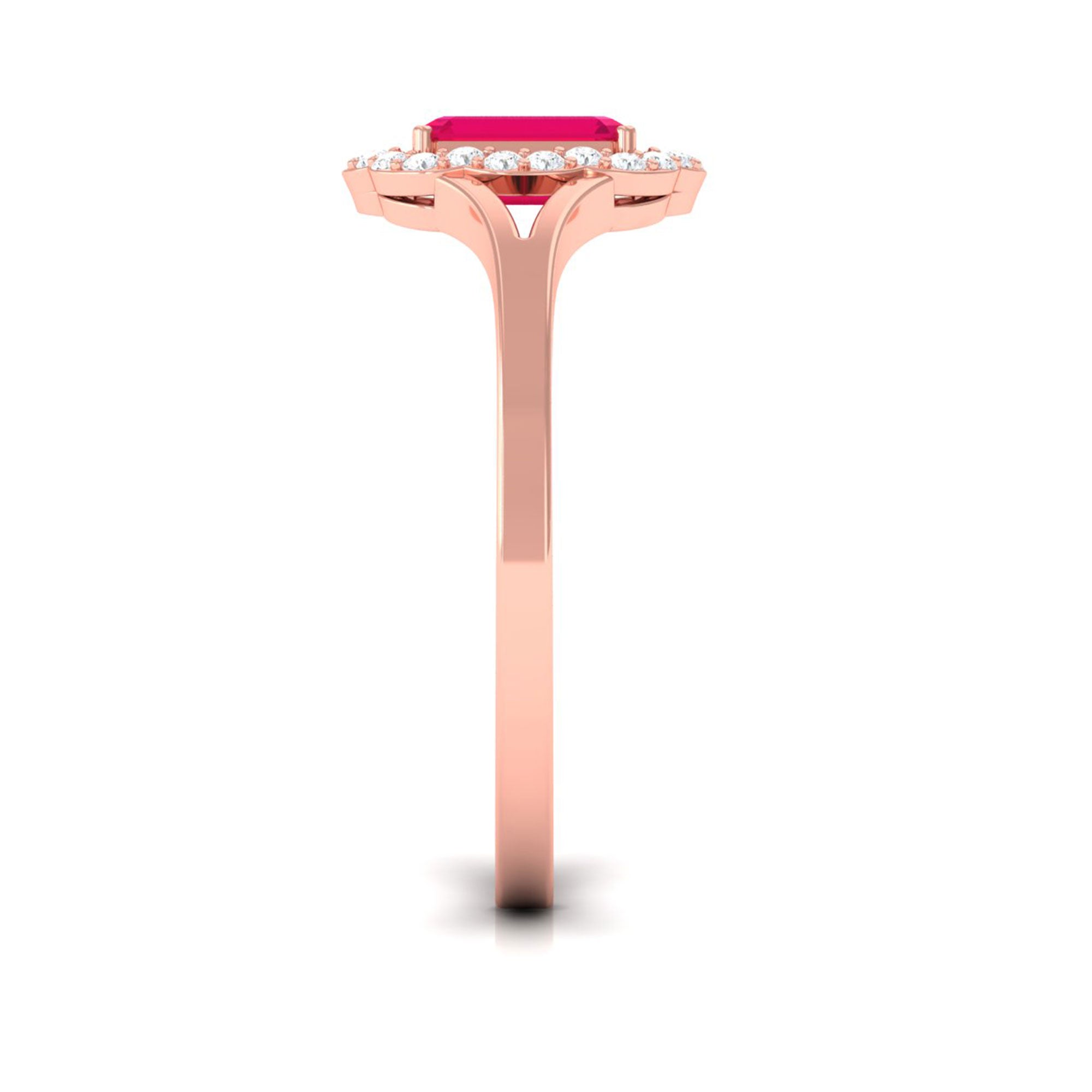 Emerald Cut Ruby and Diamond Floral Halo Ring with Split Shank Ruby - ( AAA ) - Quality - Rosec Jewels