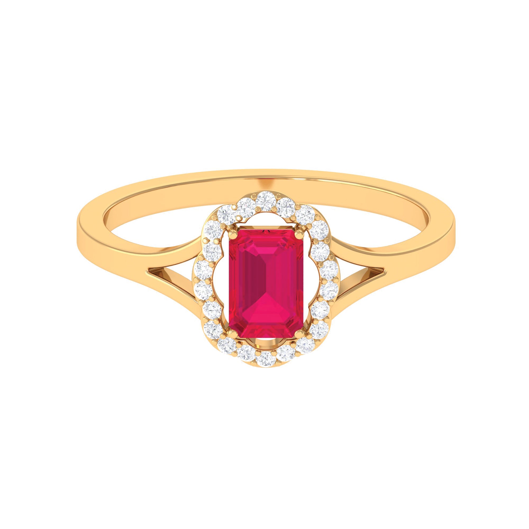 Emerald Cut Ruby and Diamond Floral Halo Ring with Split Shank Ruby - ( AAA ) - Quality - Rosec Jewels