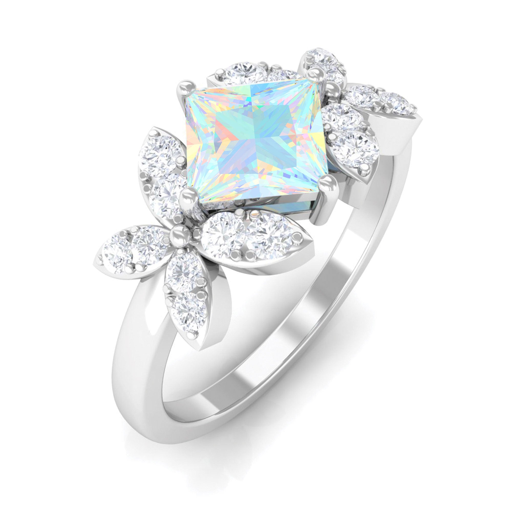 Princess Cut Ethiopian Opal Flower Engagement Ring with Diamond Ethiopian Opal - ( AAA ) - Quality - Rosec Jewels