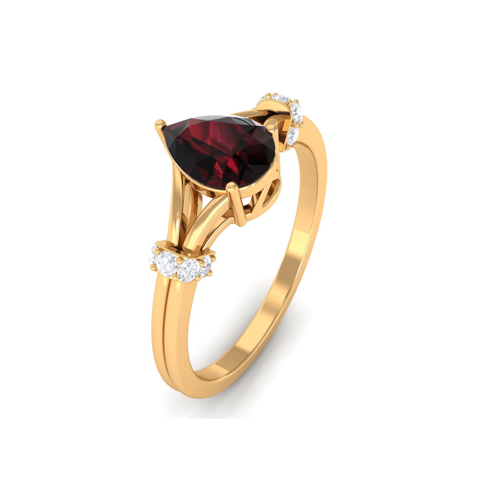 Pear Shape Garnet Solitaire Split Shank Ring with Diamond Garnet - ( AAA ) - Quality - Rosec Jewels