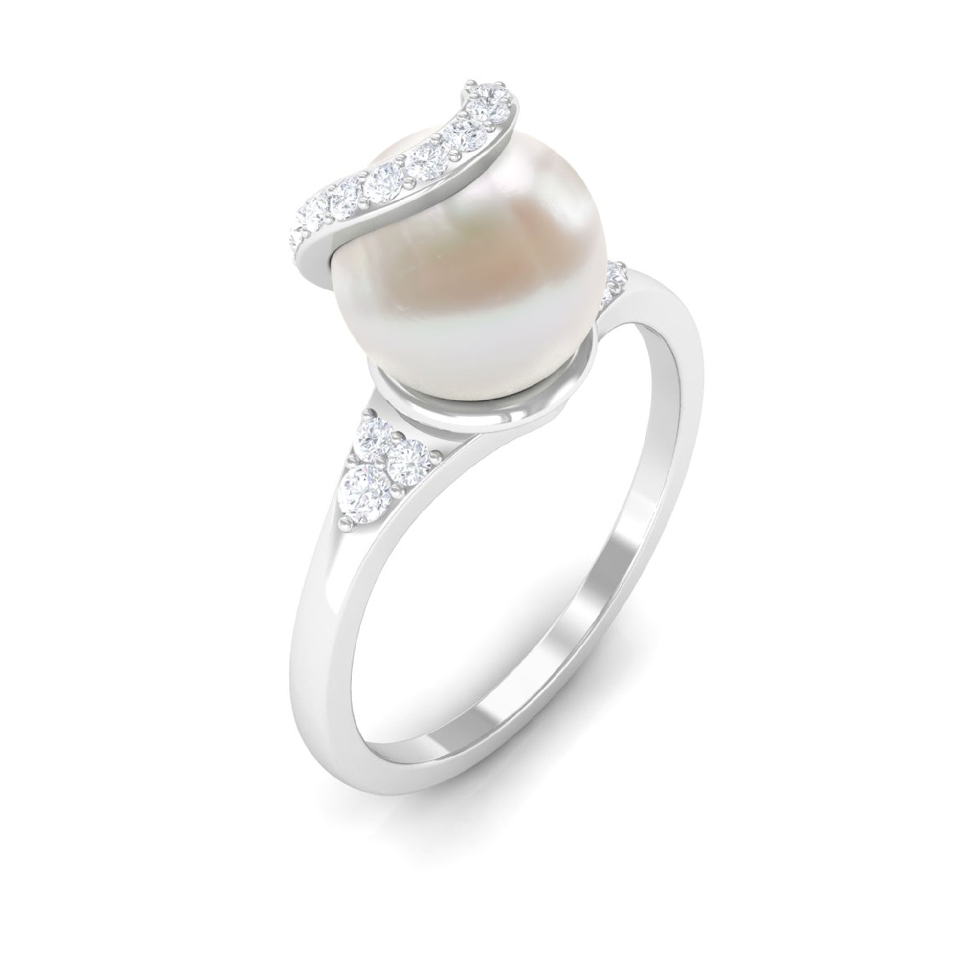 Elegant Freshwater Pearl Solitaire Ring with Diamond Trio Freshwater Pearl - ( AAA ) - Quality - Rosec Jewels