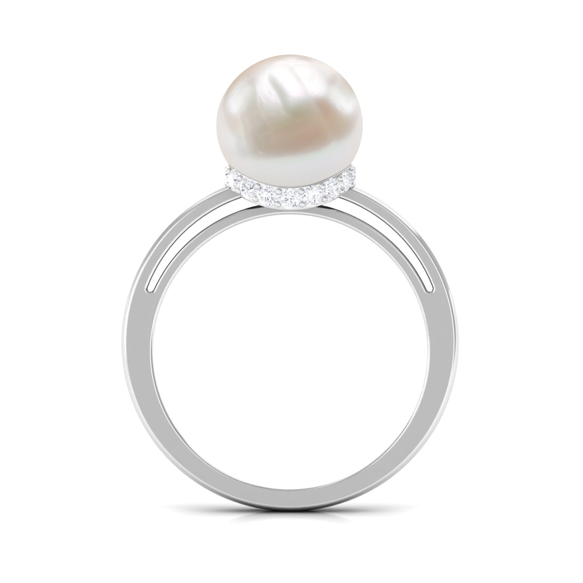 Round Freshwater Pearl Solitaire Ring with Diamond Hidden Halo Freshwater Pearl - ( AAA ) - Quality - Rosec Jewels