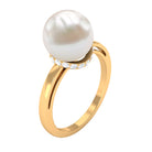 Round Freshwater Pearl Solitaire Ring with Diamond Hidden Halo Freshwater Pearl - ( AAA ) - Quality - Rosec Jewels