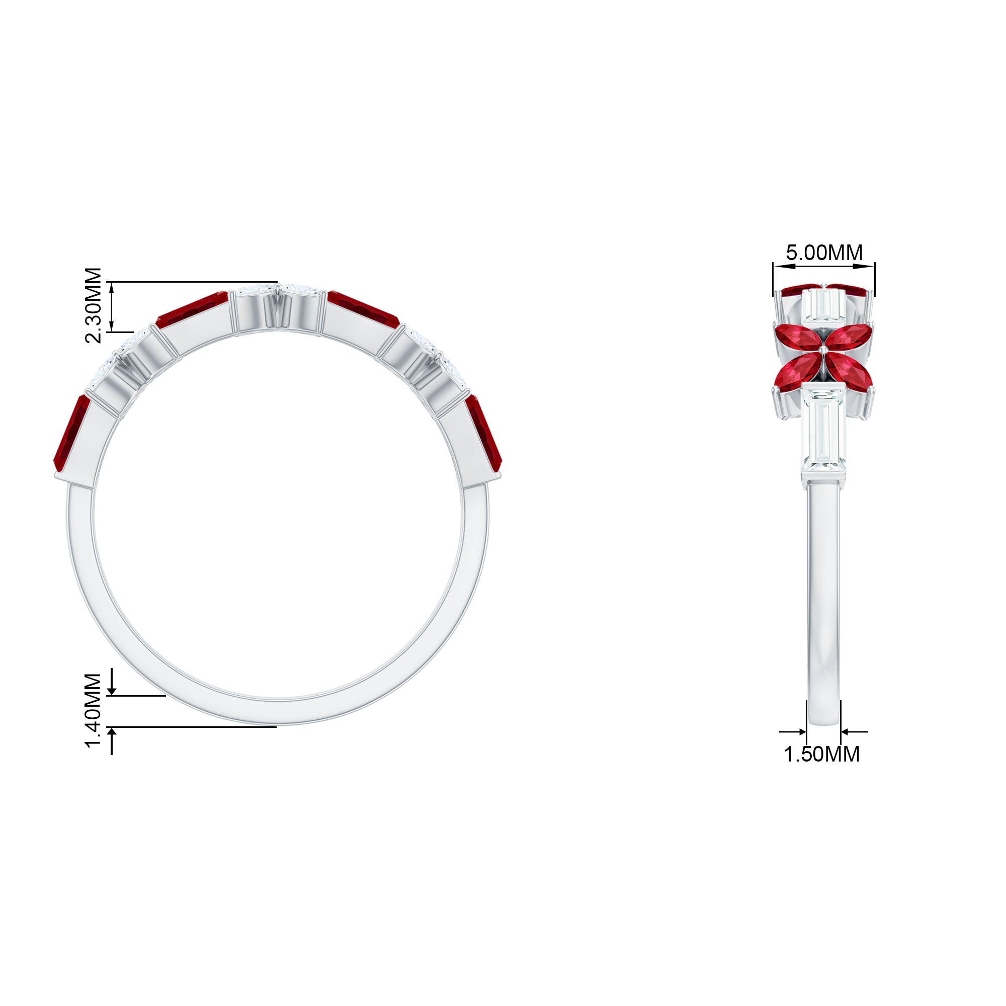 Marquise Cut Created Ruby and Moissanite Flower Half Eternity Ring Lab Created Ruby - ( AAAA ) - Quality - Rosec Jewels