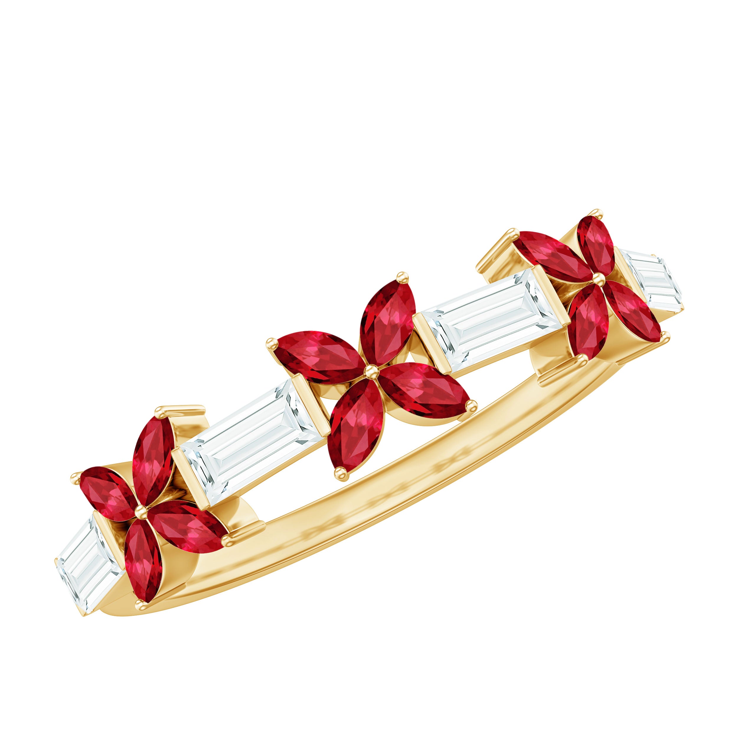 Marquise Cut Created Ruby and Moissanite Flower Half Eternity Ring Lab Created Ruby - ( AAAA ) - Quality - Rosec Jewels