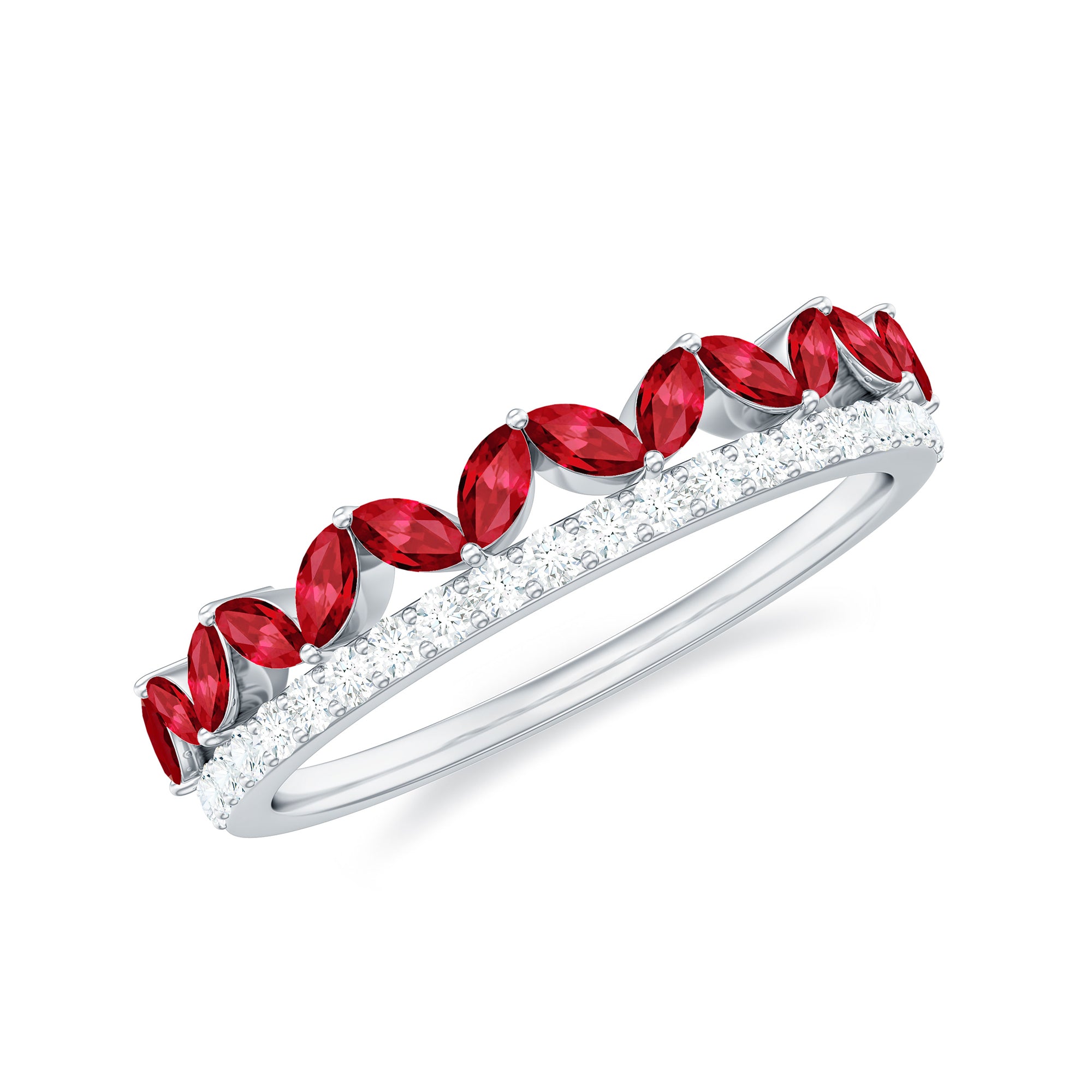 Rosec Jewels-Marquise Cut Created Ruby Half Eternity Stackable Ring with Diamond