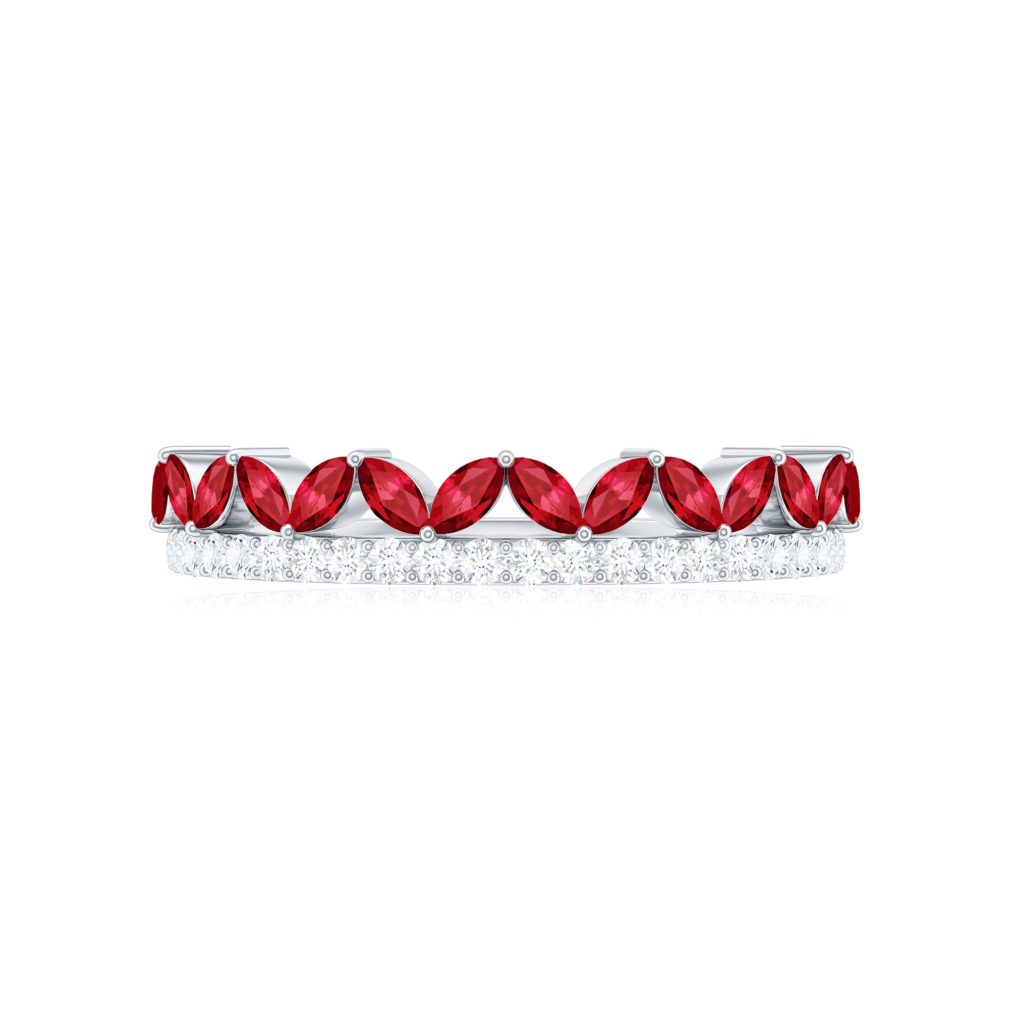 Marquise Cut Created Ruby Half Eternity Stackable Ring with Diamond Lab Created Ruby - ( AAAA ) - Quality - Rosec Jewels