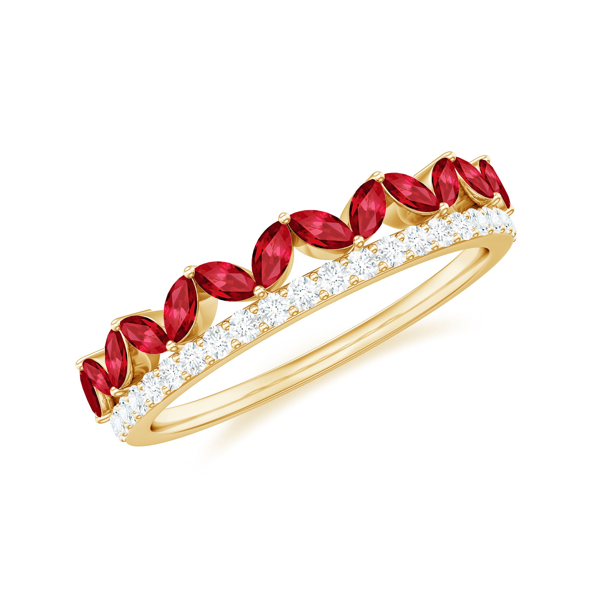 Marquise Cut Created Ruby Half Eternity Stackable Ring with Diamond Lab Created Ruby - ( AAAA ) - Quality - Rosec Jewels