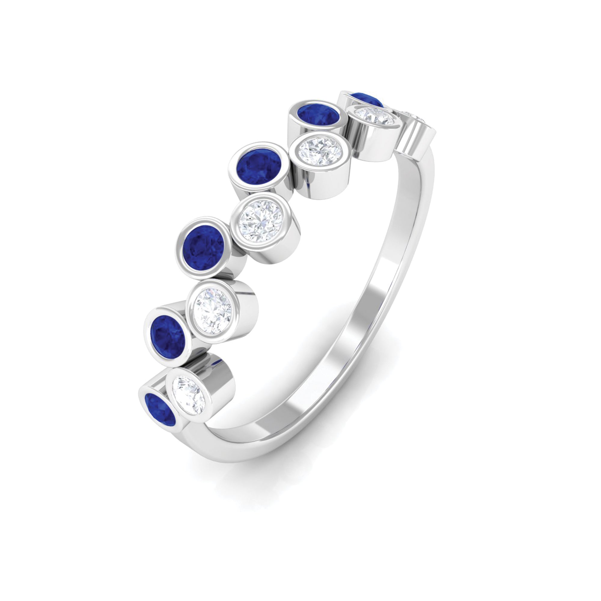 Simple Bezel Set Round Created Blue Sapphire and Moissanite Half Eternity Ring Lab Created Blue Sapphire - ( AAAA ) - Quality - Rosec Jewels