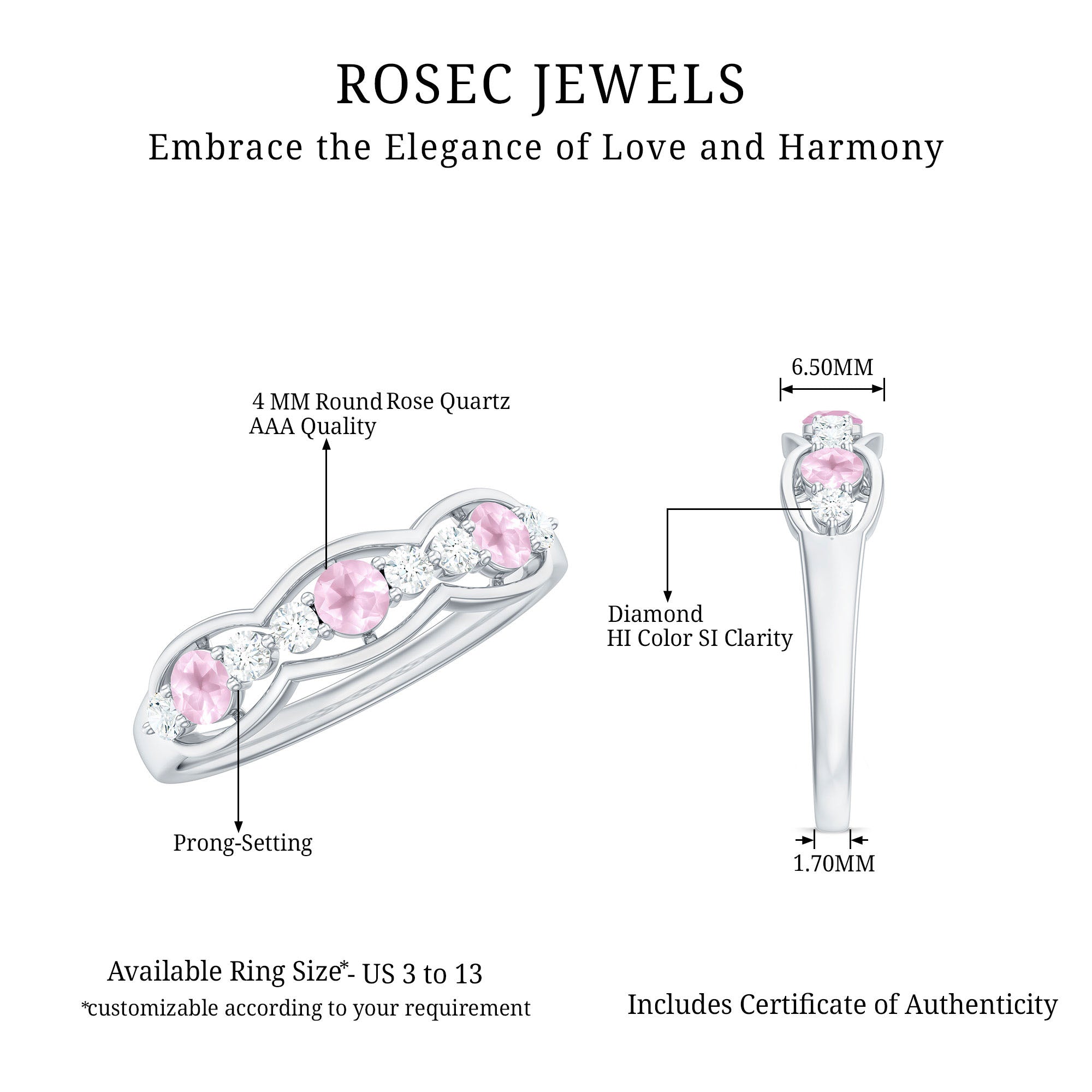 1.25 CT Rose Quartz and Diamond Wedding Anniversary Band Ring Rose Quartz - ( AAA ) - Quality - Rosec Jewels