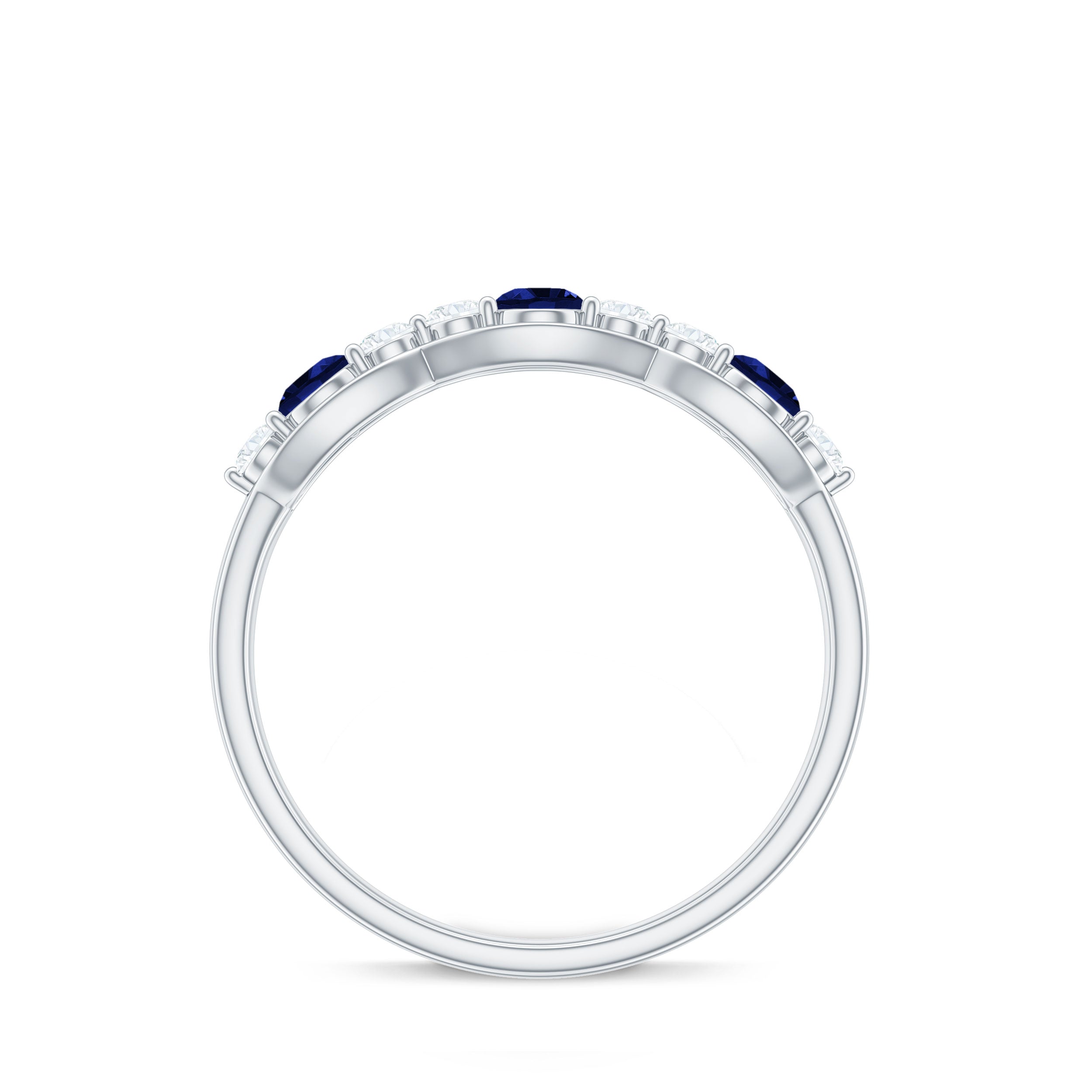 Round Shape Certified Created Blue Sapphire and Diamond Anniversary Ring Lab Created Blue Sapphire - ( AAAA ) - Quality - Rosec Jewels