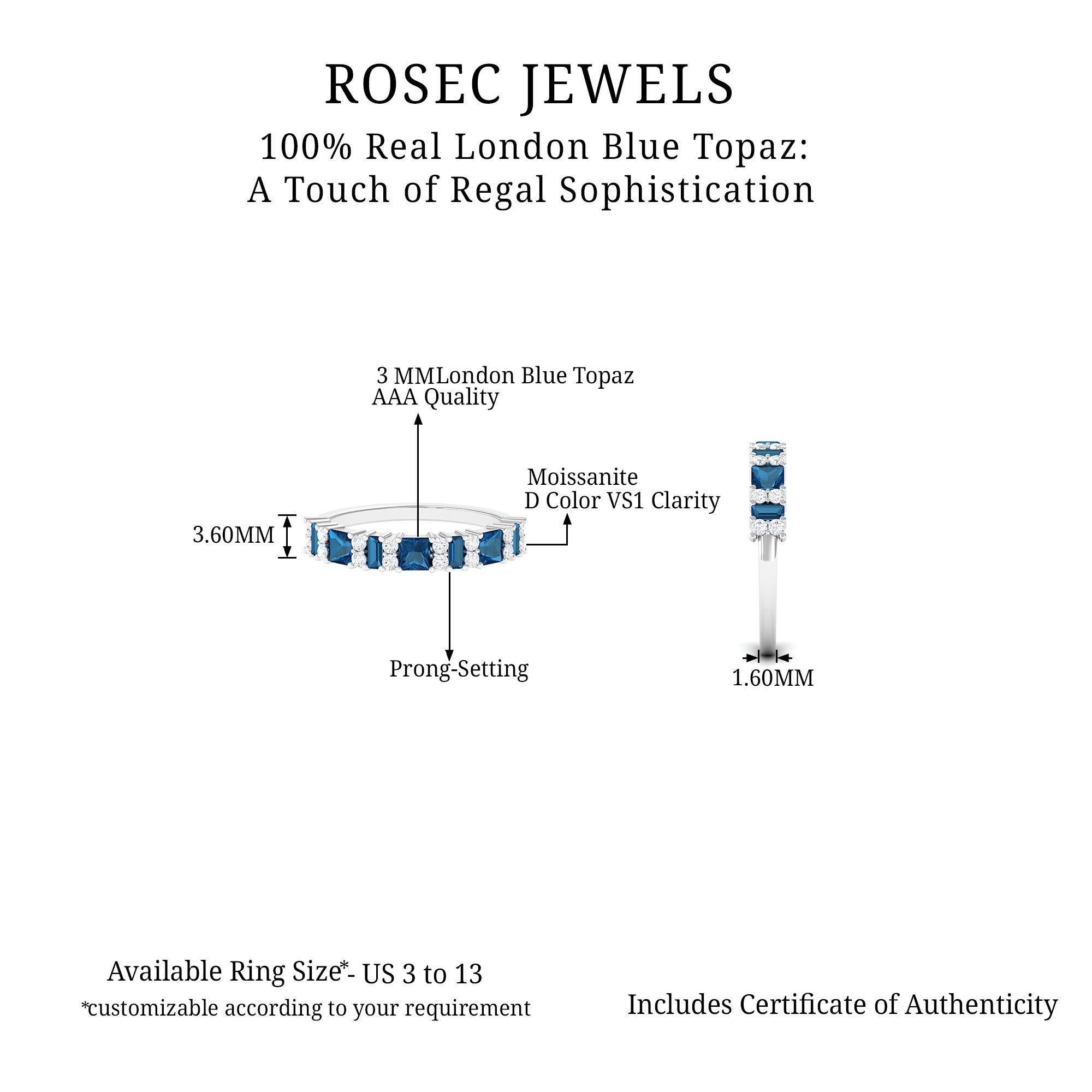 London Blue Topaz and Moissanite Eternity Ring in Prong Setting London Blue Topaz - ( AAA ) - Quality - Rosec Jewels