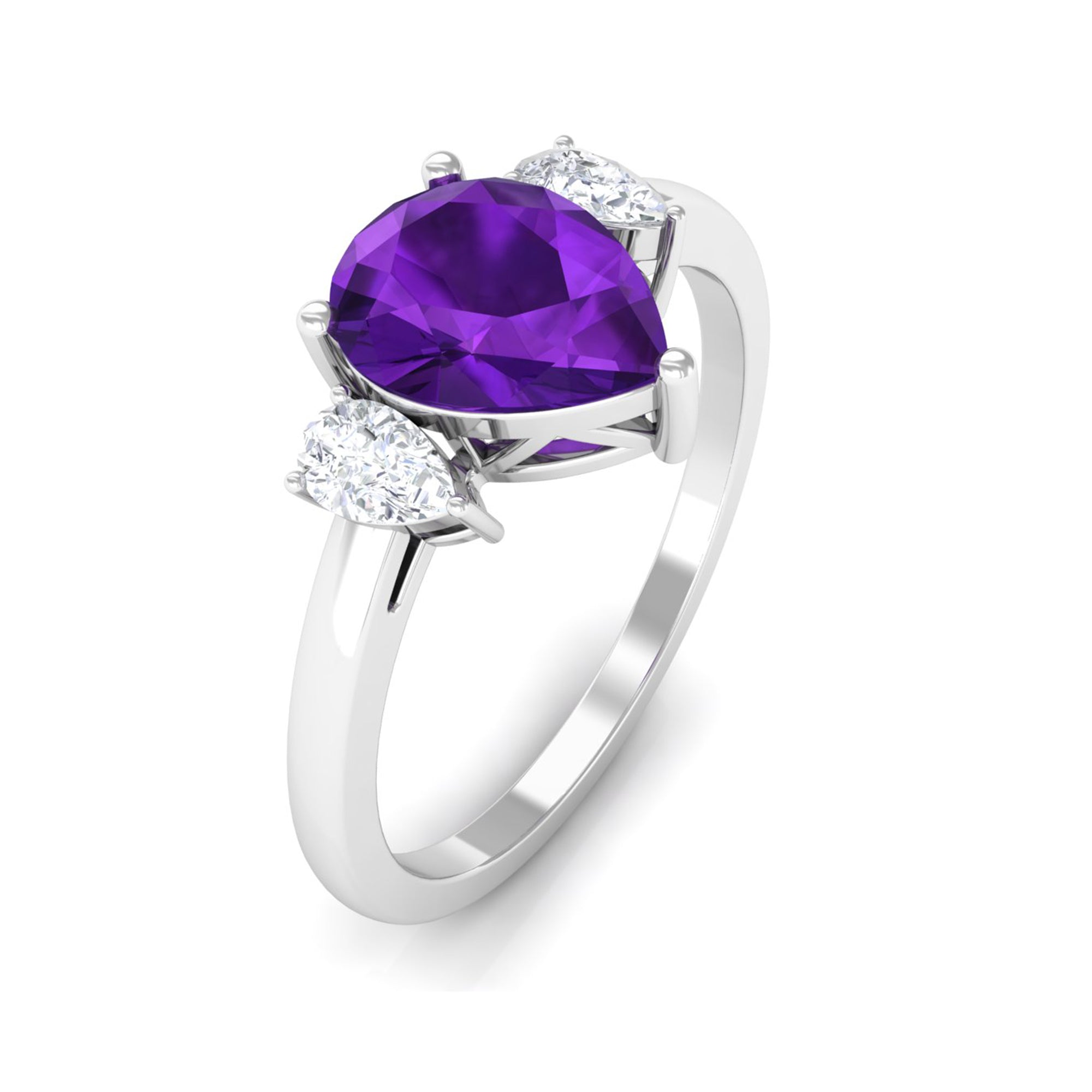 Pear Shape Amethyst Solitaire Ring with Diamond Side Stones Amethyst - ( AAA ) - Quality - Rosec Jewels