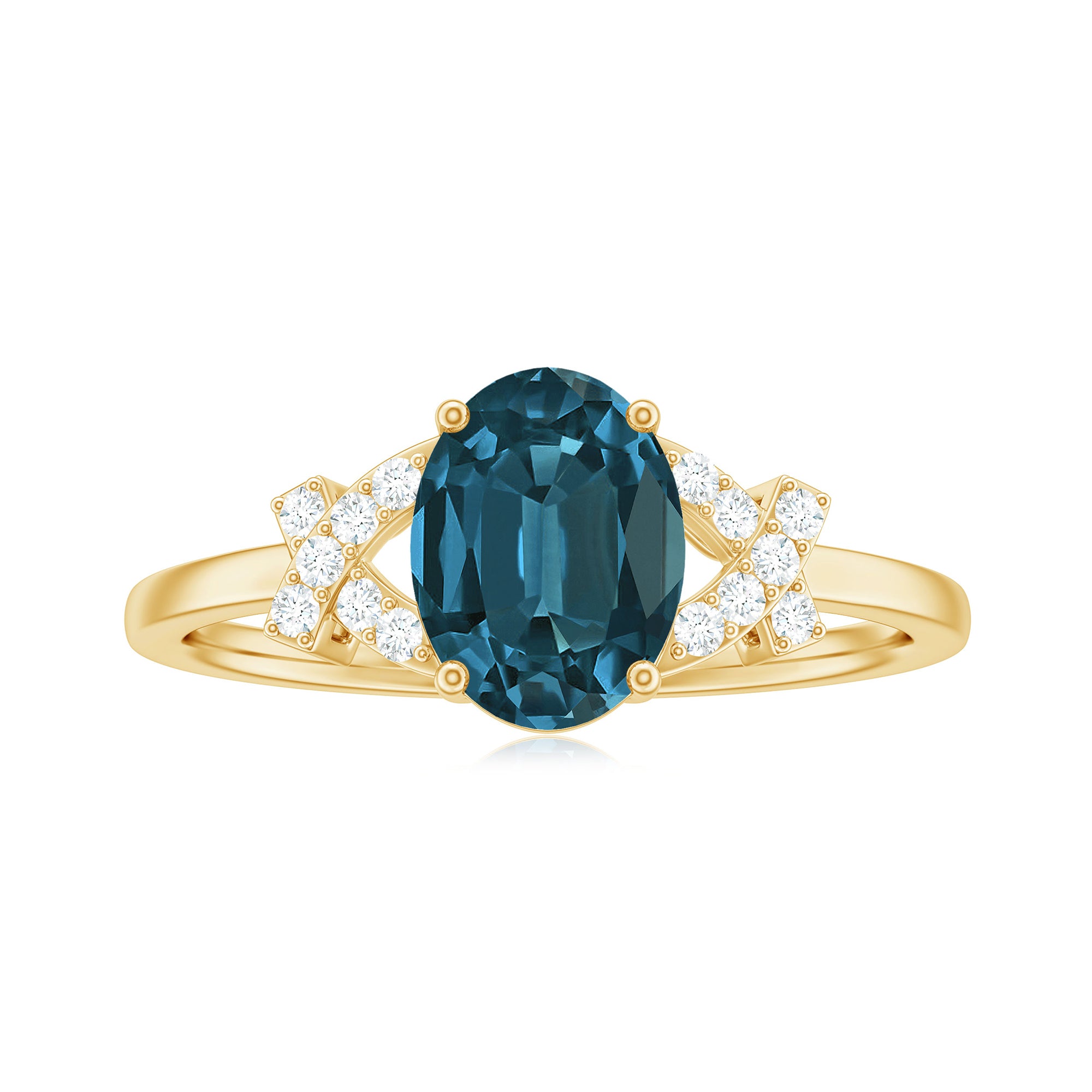 1.25 CT Oval London Blue Topaz Solitaire Split Shank Ring with Diamond London Blue Topaz - ( AAA ) - Quality - Rosec Jewels