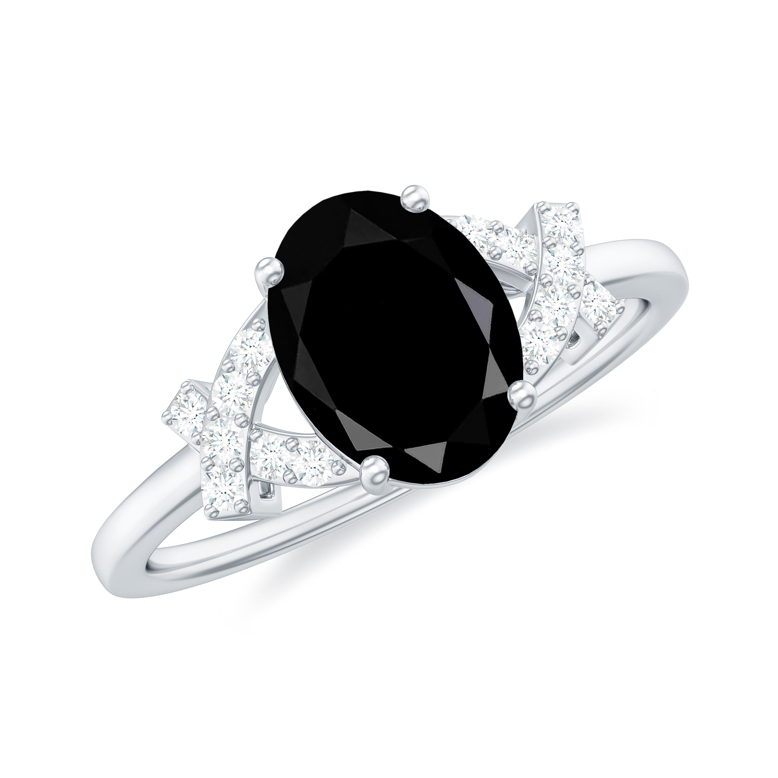 Oval Black Onyx Solitaire Split Shank Ring with Diamonds Black Onyx - ( AAA ) - Quality - Rosec Jewels