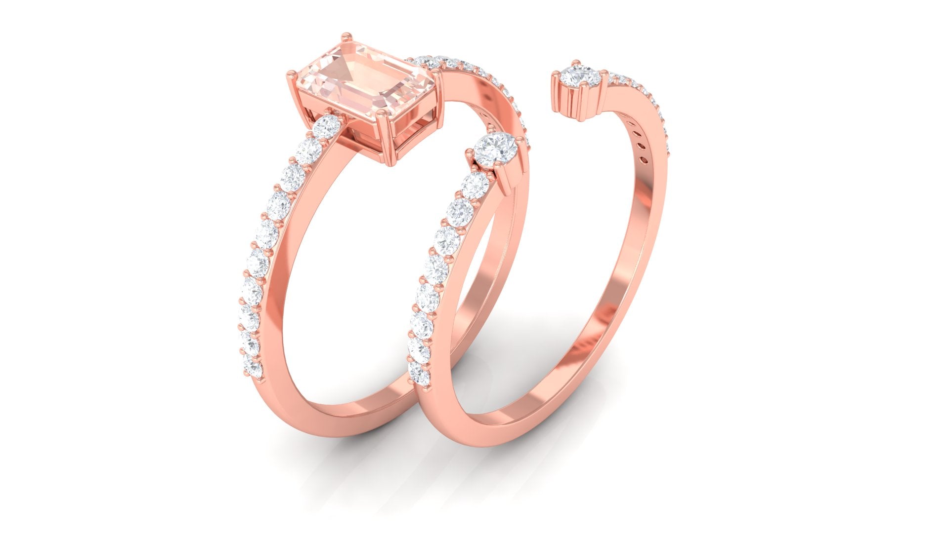 Emerald Cut Morganite and Diamond Solitaire Ring Set Morganite - ( AAA ) - Quality - Rosec Jewels