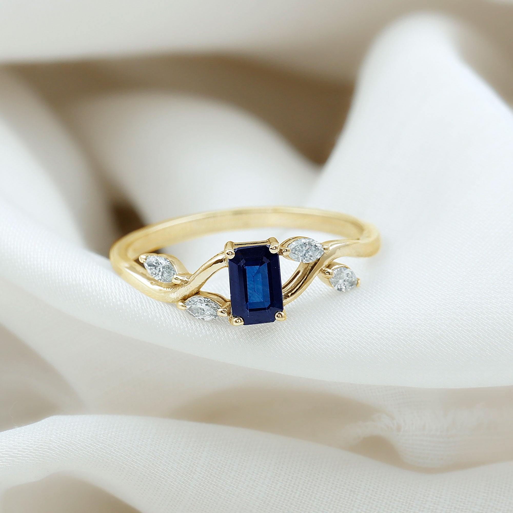 Octagon Cut Blue Sapphire Solitaire Engagement Ring with Diamond Blue Sapphire - ( AAA ) - Quality - Rosec Jewels